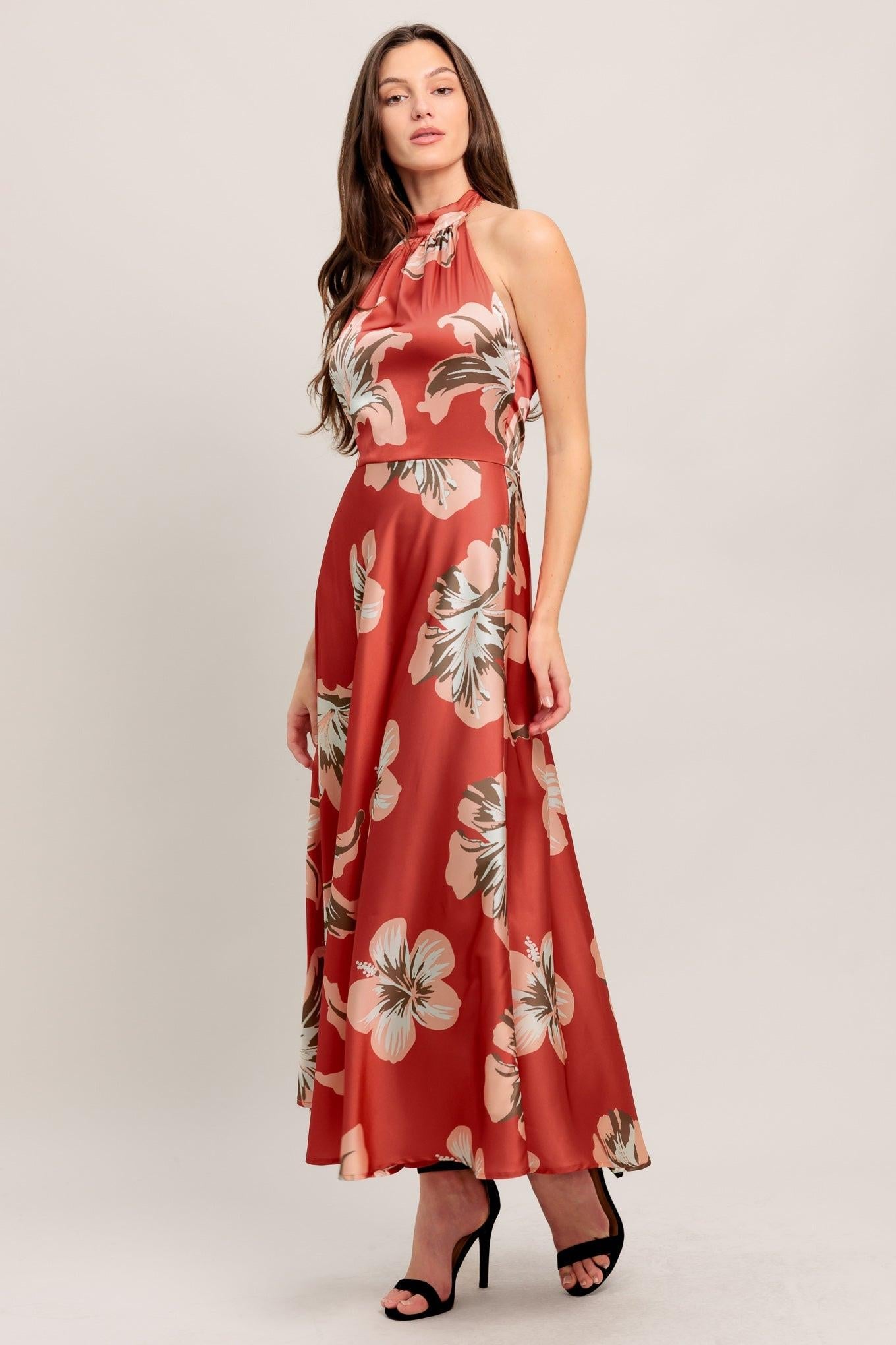 Can’t Look Away Woven Midi Dress in coral red, view 3 — Soul Flow Apparel