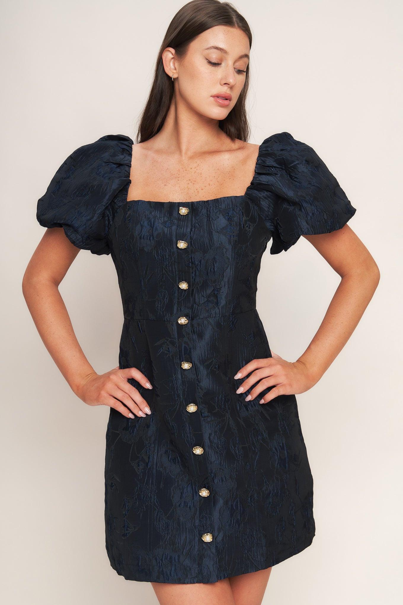 Golden Moon Woven Mini Dress in navy, view 1 — Soul Flow Apparel