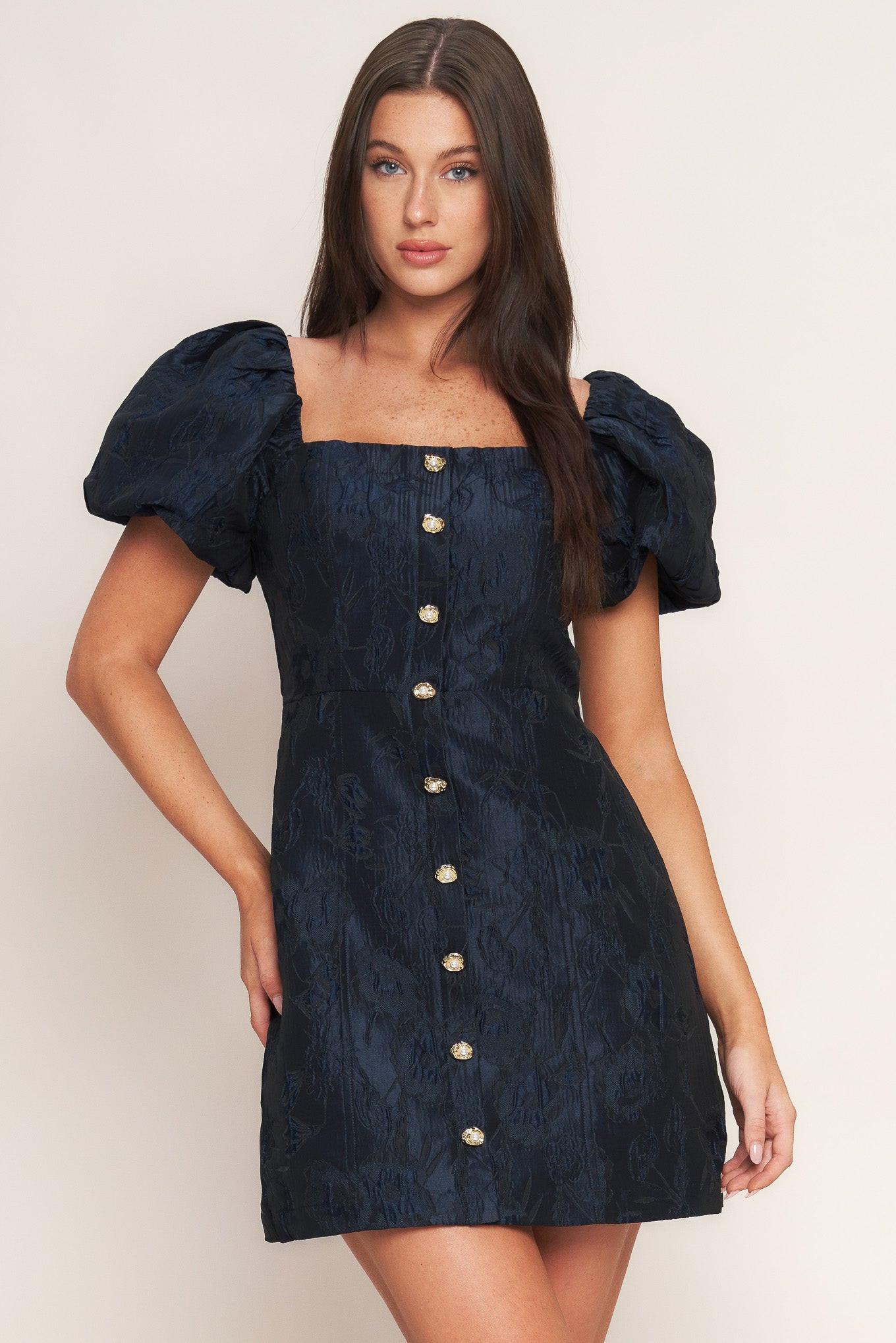 Golden Moon Woven Mini Dress in navy, view 3 — Soul Flow Apparel