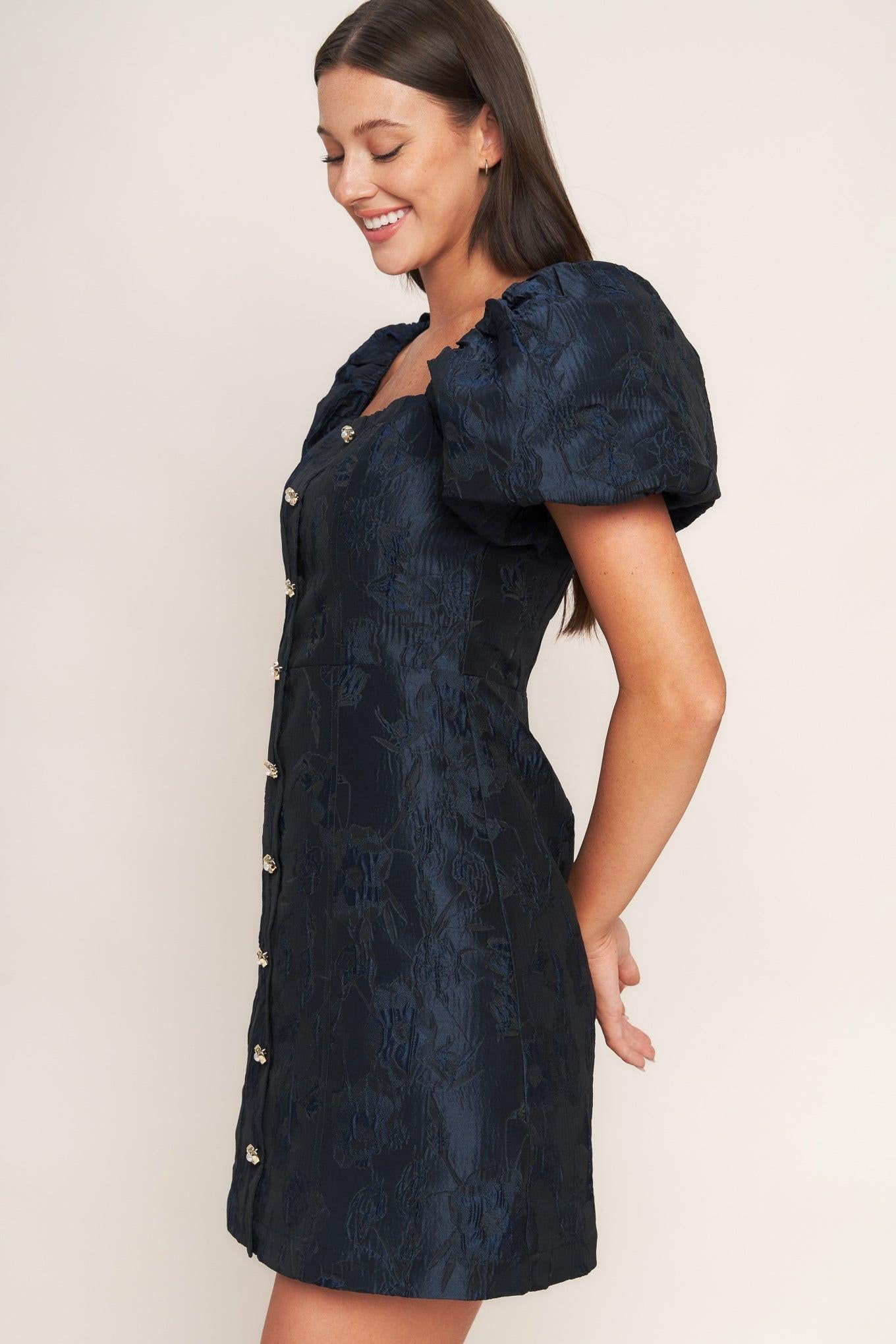 Golden Moon Woven Mini Dress in navy, view 7 — Soul Flow Apparel