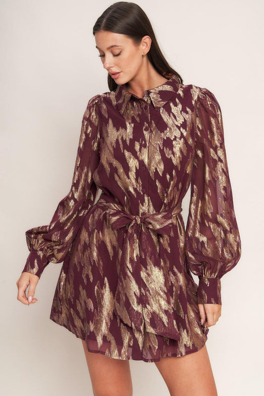 Metallic Muse Woven Mini Dress in burgundy, view 2 — Soul Flow Apparel