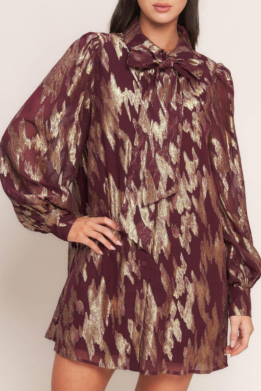 Metallic Muse Woven Mini Dress in burgundy, view 3 — Soul Flow Apparel