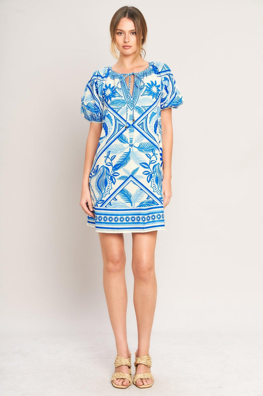 Blue Lagoon Resort Woven Mini Dress in ivory blue, view 1 — Soul Flow Apparel