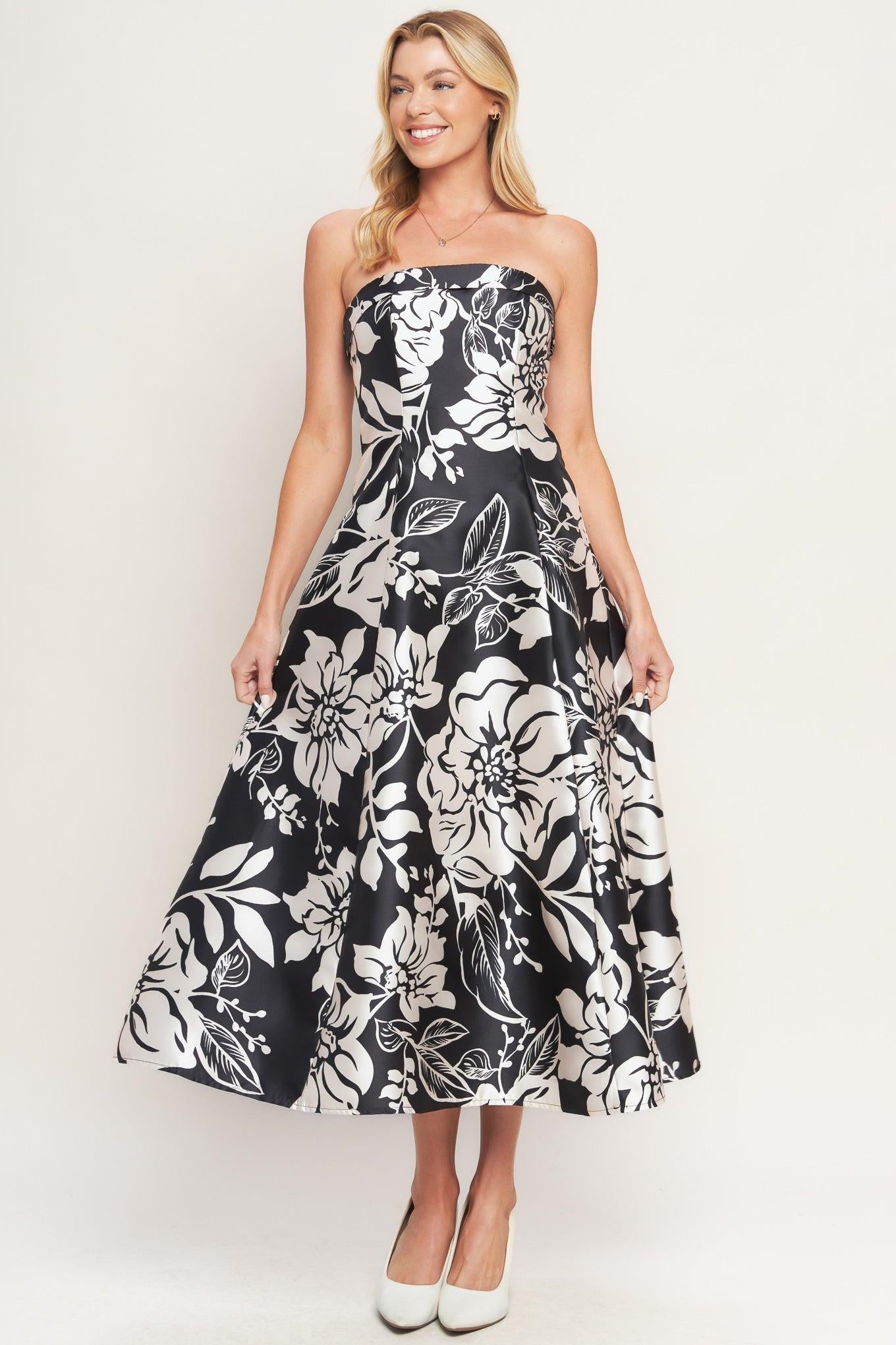 Elegant Bloom Swirl Woven Midi Dress in black, view 1 — Soul Flow Apparel