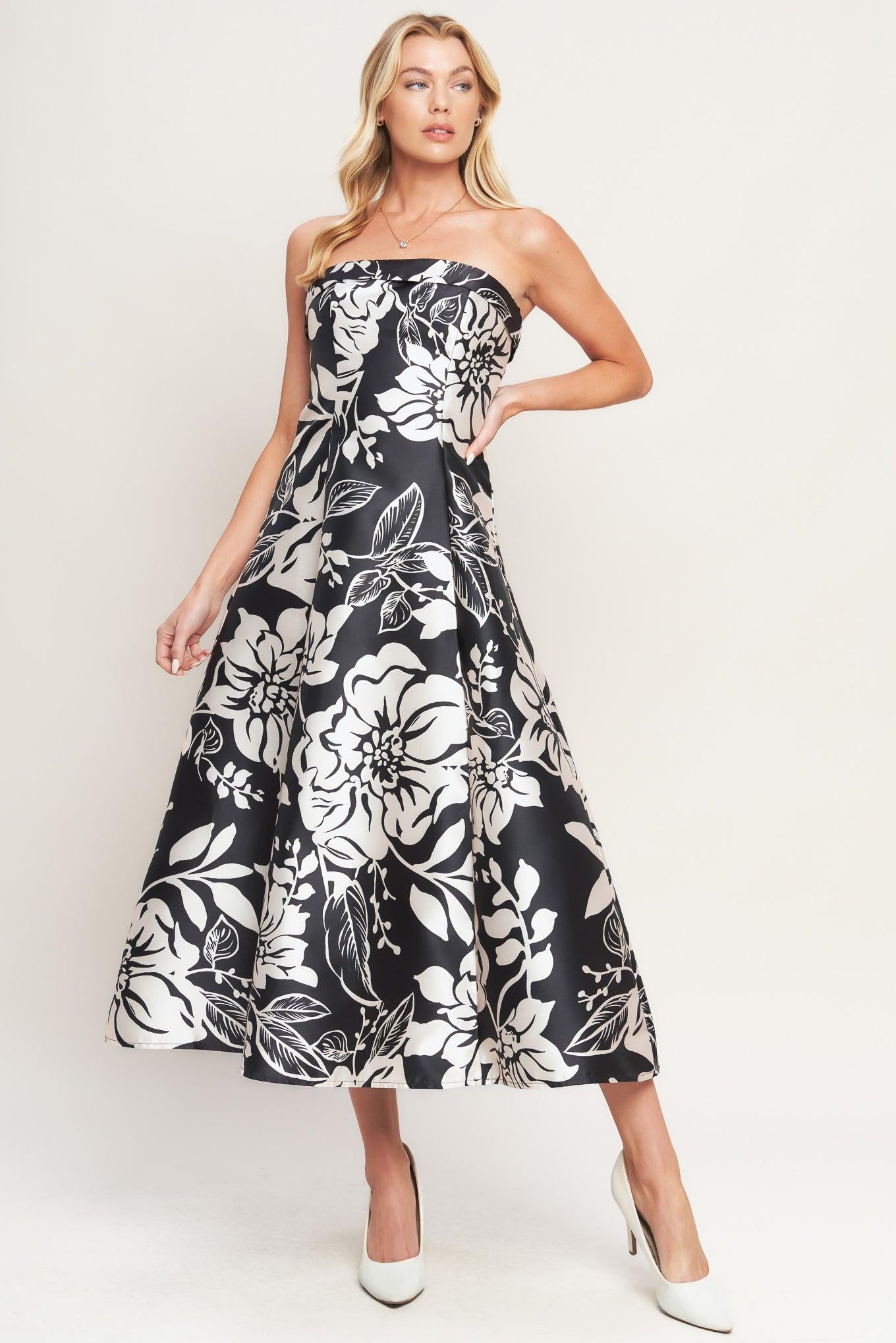 Elegant Bloom Swirl Woven Midi Dress in black, view 2 — Soul Flow Apparel