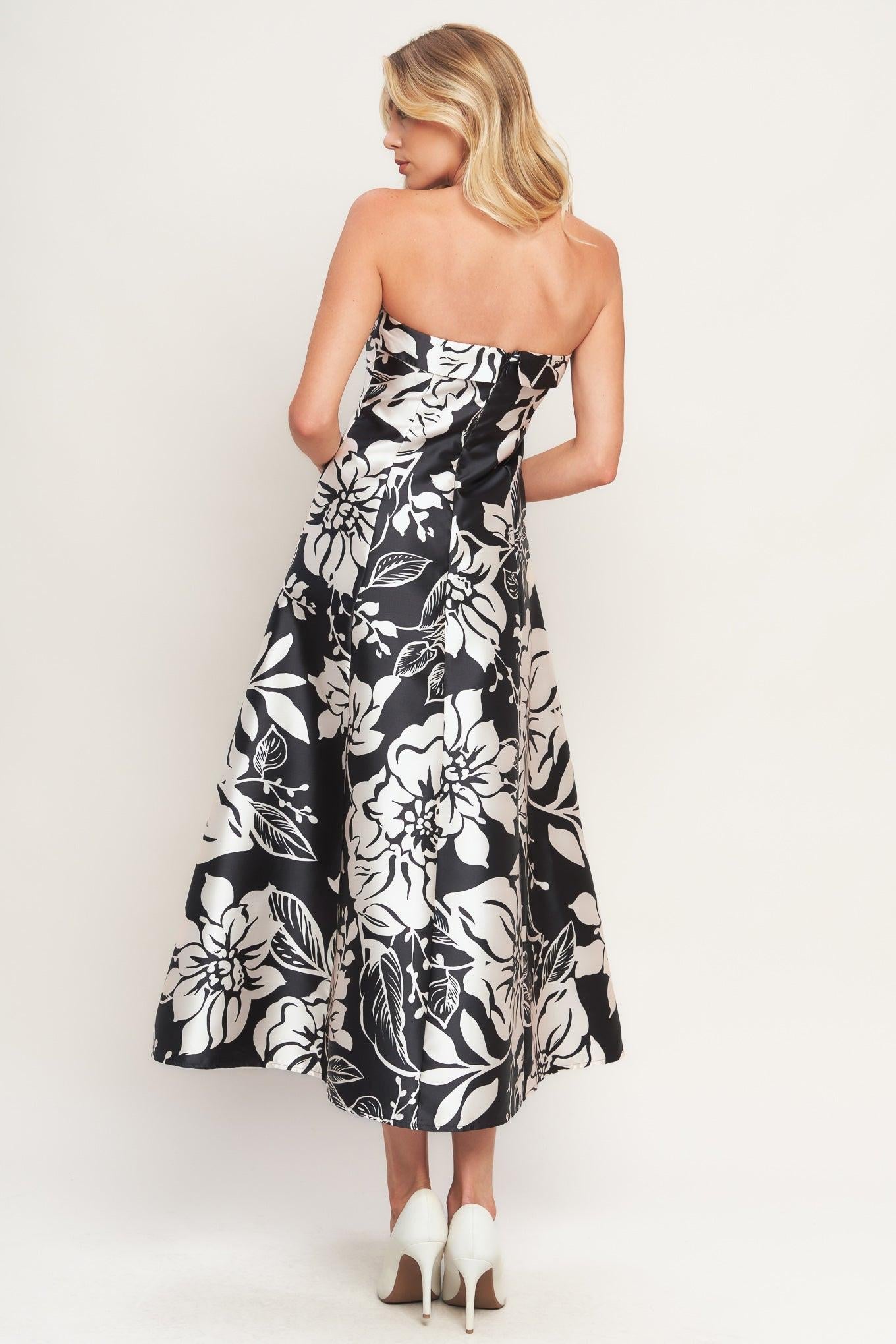 Elegant Bloom Swirl Woven Midi Dress in black, view 5 — Soul Flow Apparel