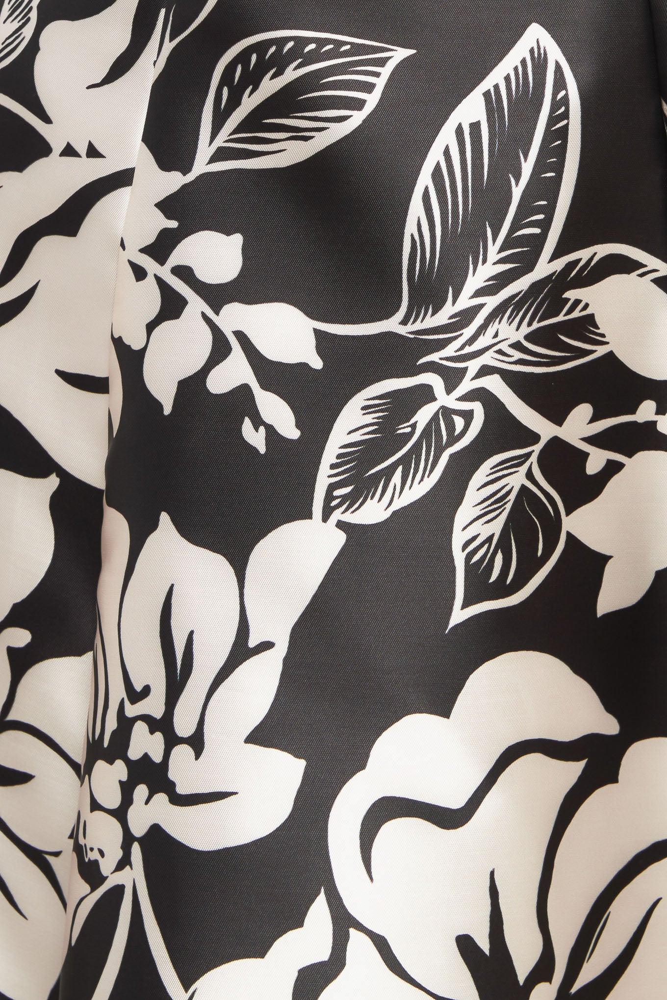 Elegant Bloom Swirl Woven Midi Dress in black, fabric swatch — Soul Flow Apparel