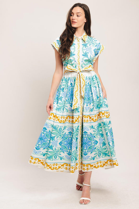 Blue Regalia Woven Midi Dress in off-white green, view 2 — Soul Flow Apparel