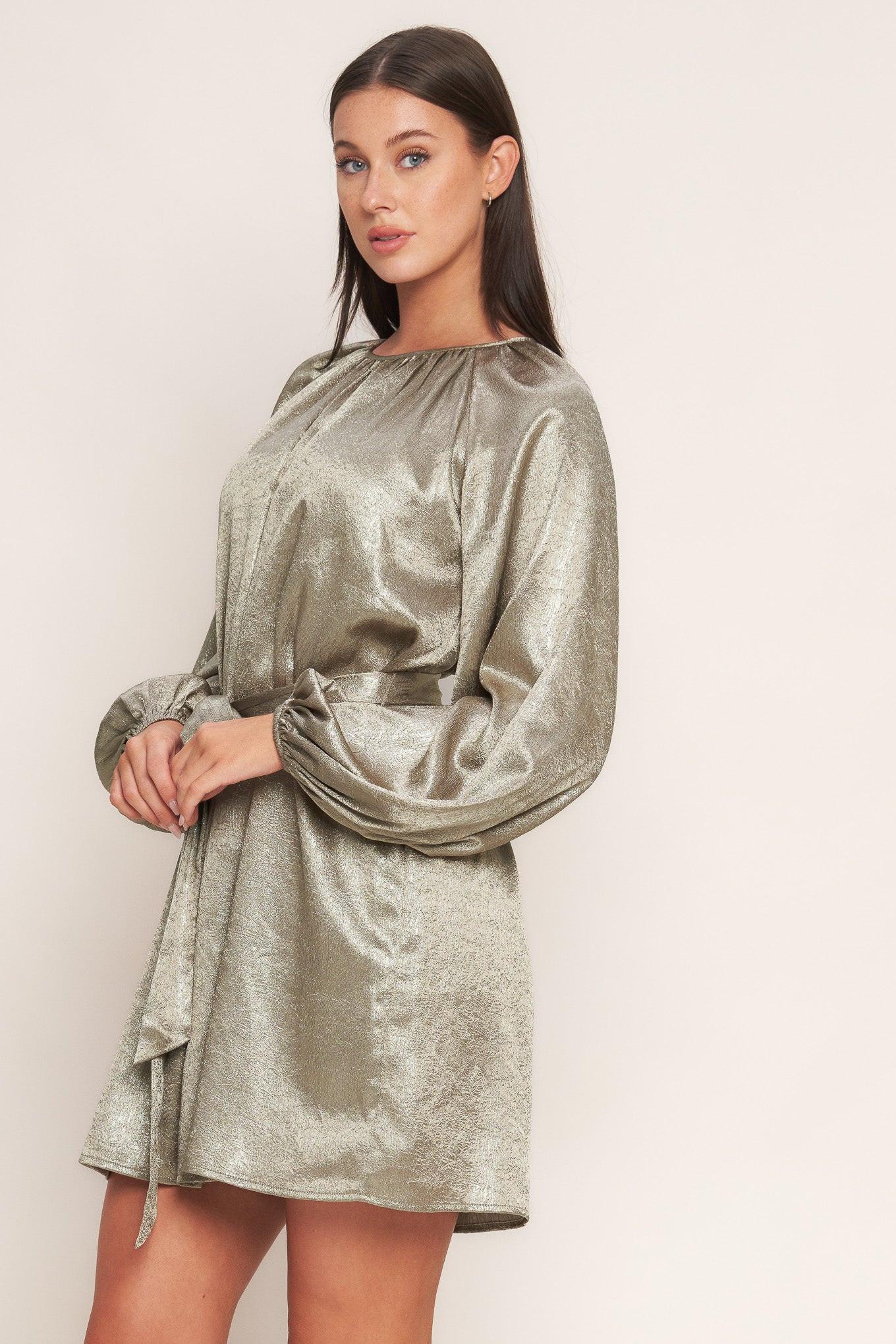 Moonrise Haze Woven Mini Dress in taupe, view 4 — Soul Flow Apparel