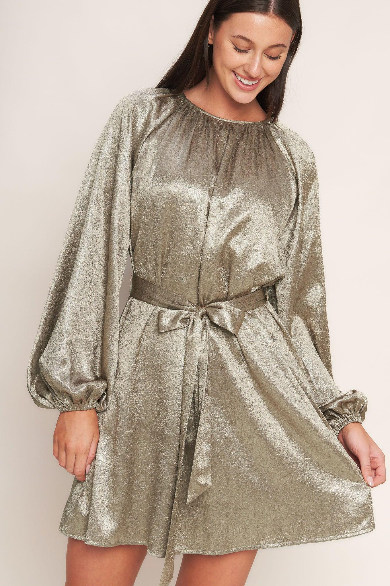 Moonrise Haze Woven Mini Dress in taupe, view 6 — Soul Flow Apparel