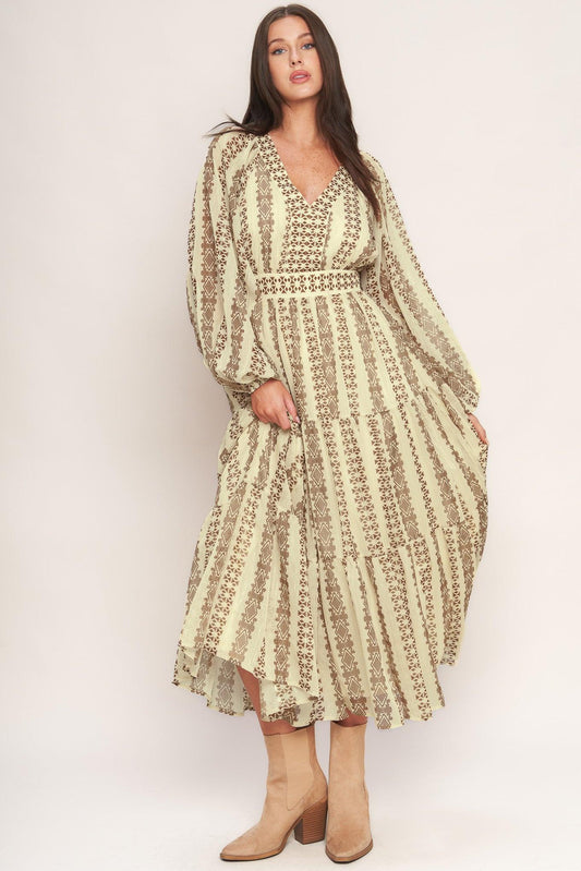 Tribal Whisper Woven Midi Dress in ivory brown, view 2 — Soul Flow Apparel