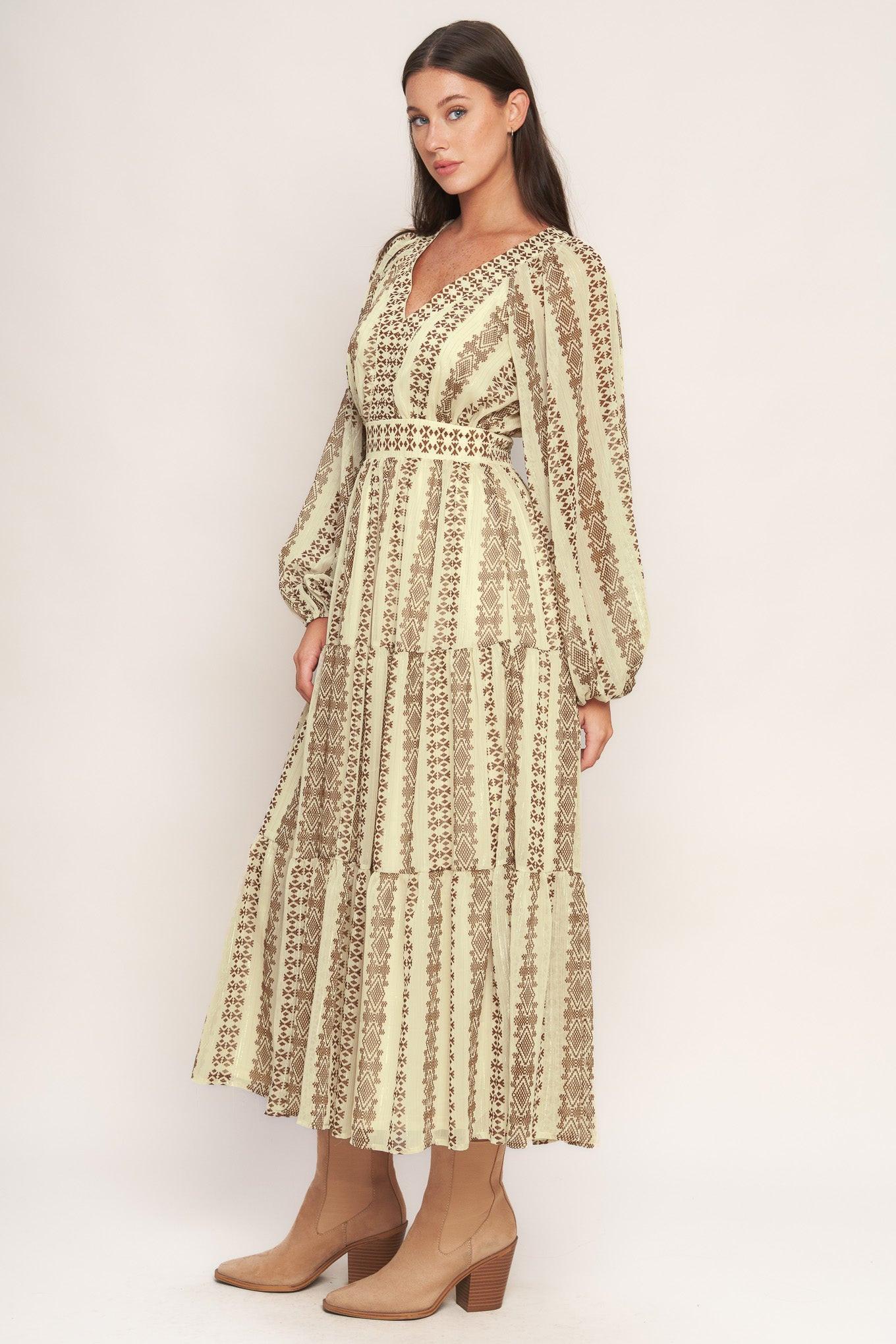 Tribal Whisper Woven Midi Dress in ivory brown, view 3 — Soul Flow Apparel