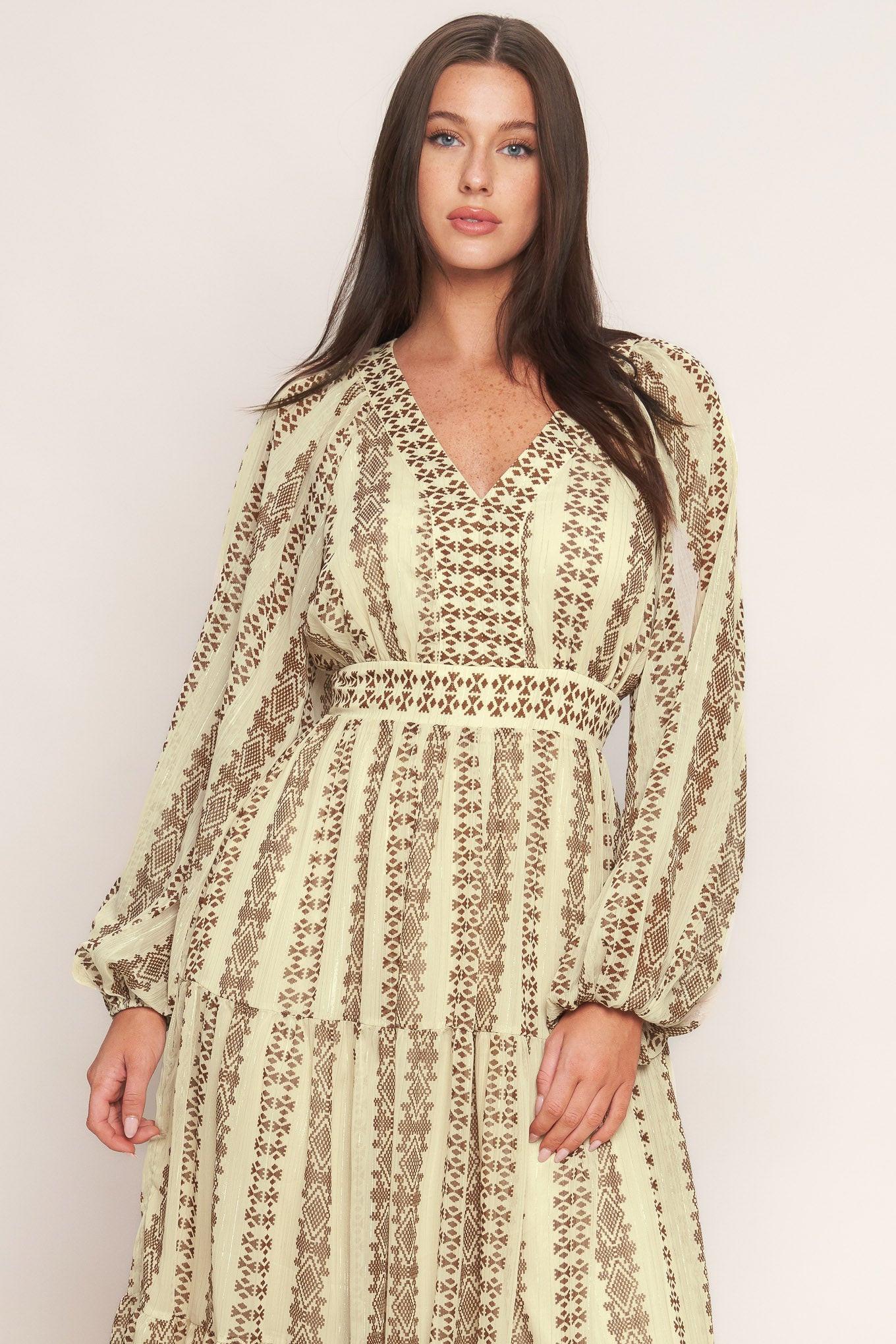 Tribal Whisper Woven Midi Dress in ivory brown, view 5 — Soul Flow Apparel