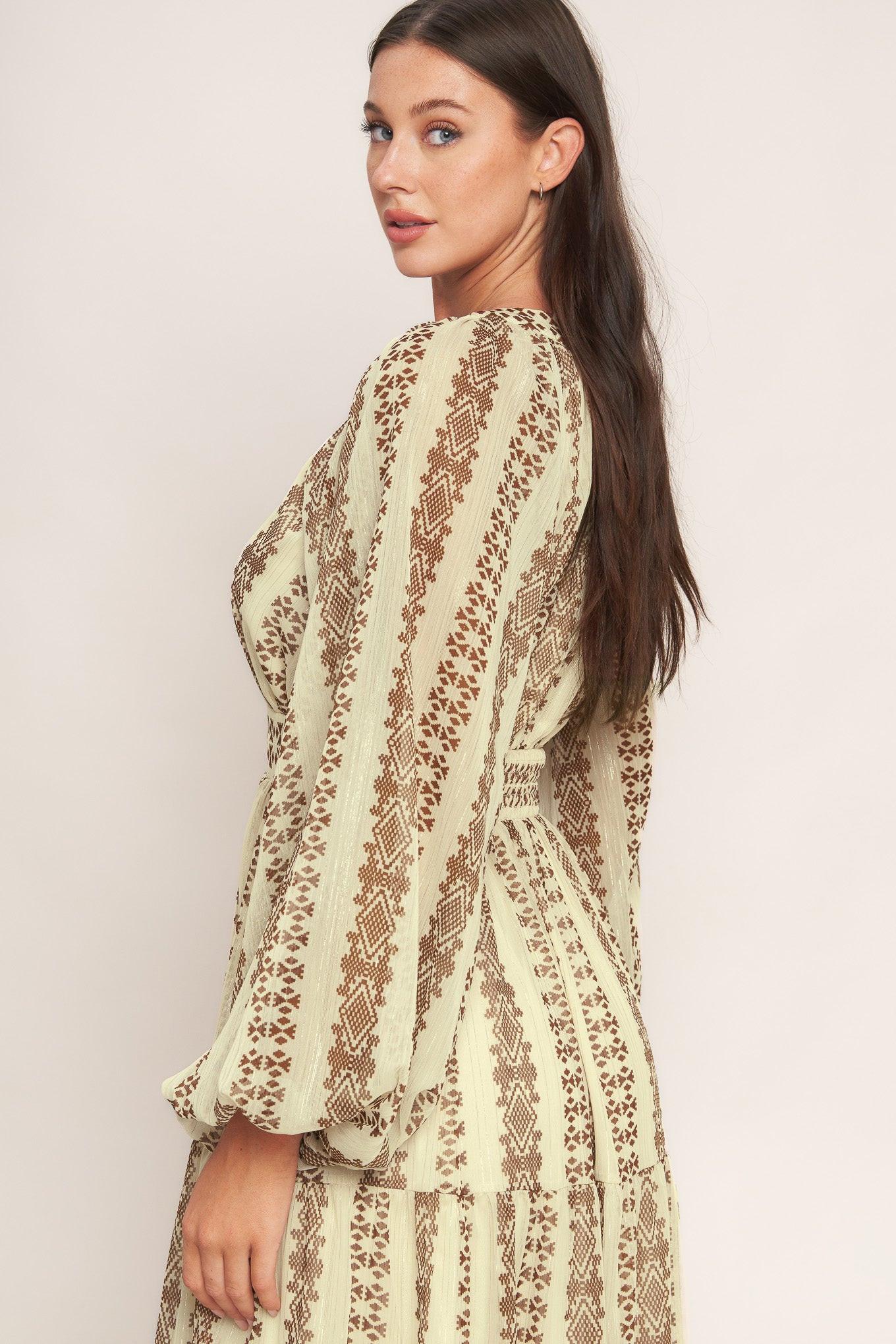 Tribal Whisper Woven Midi Dress in ivory brown, view 6 — Soul Flow Apparel