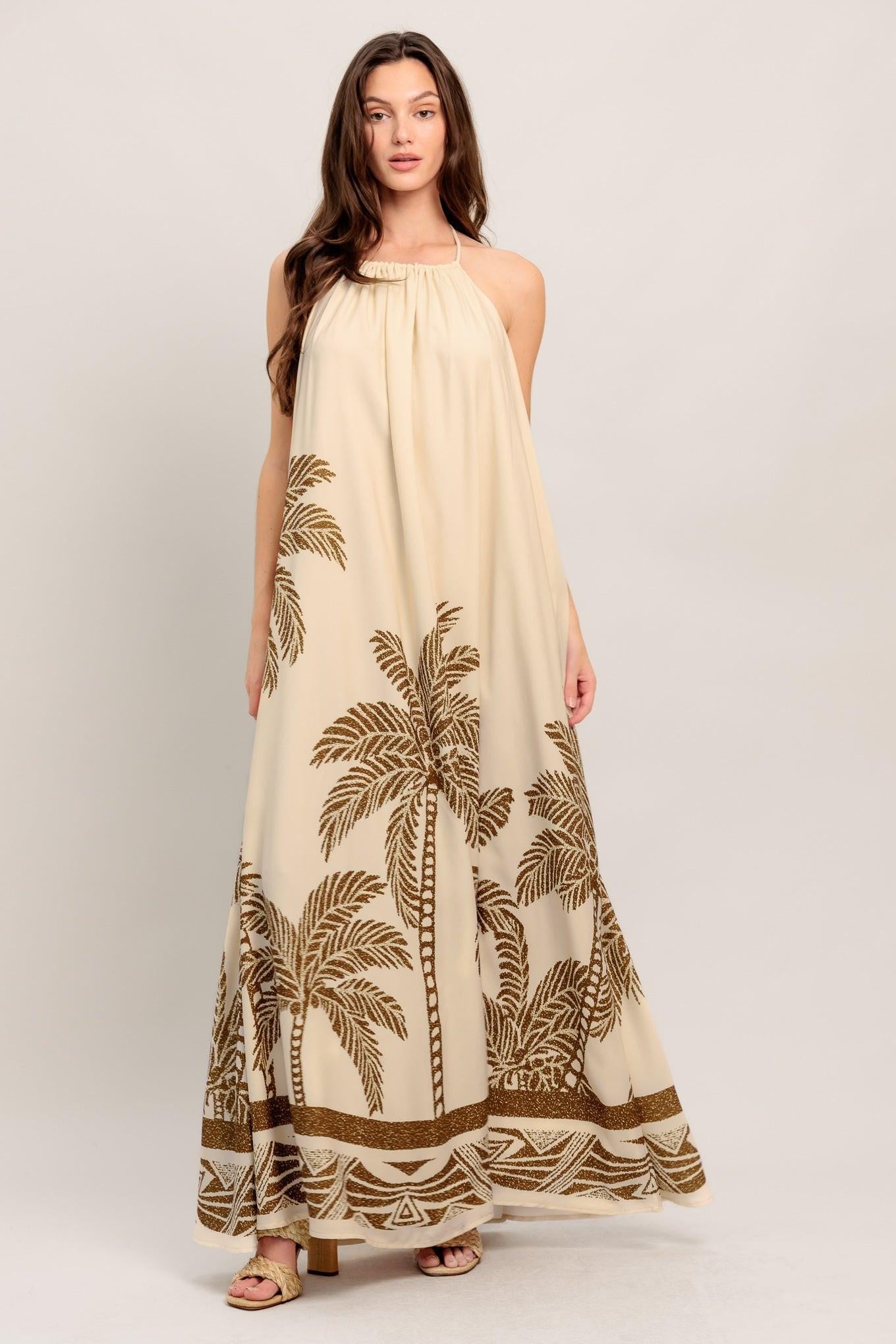 Island State Woven Maxi Dress in ivory brown, view 1 — Soul Flow Apparel