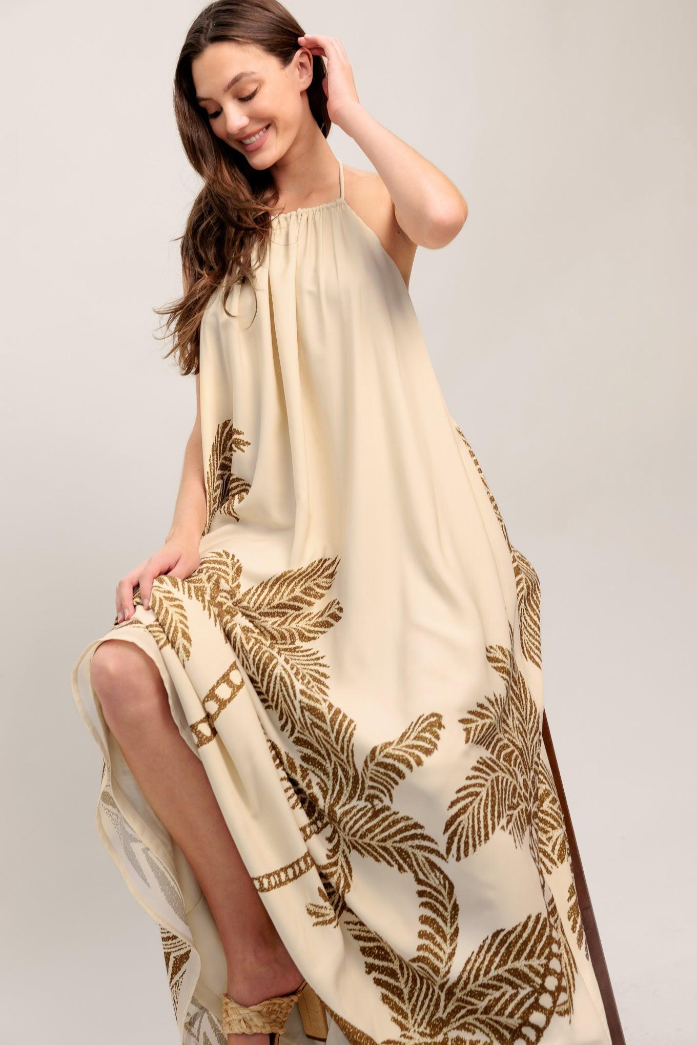 Island State Woven Maxi Dress in ivory brown, view 7 — Soul Flow Apparel