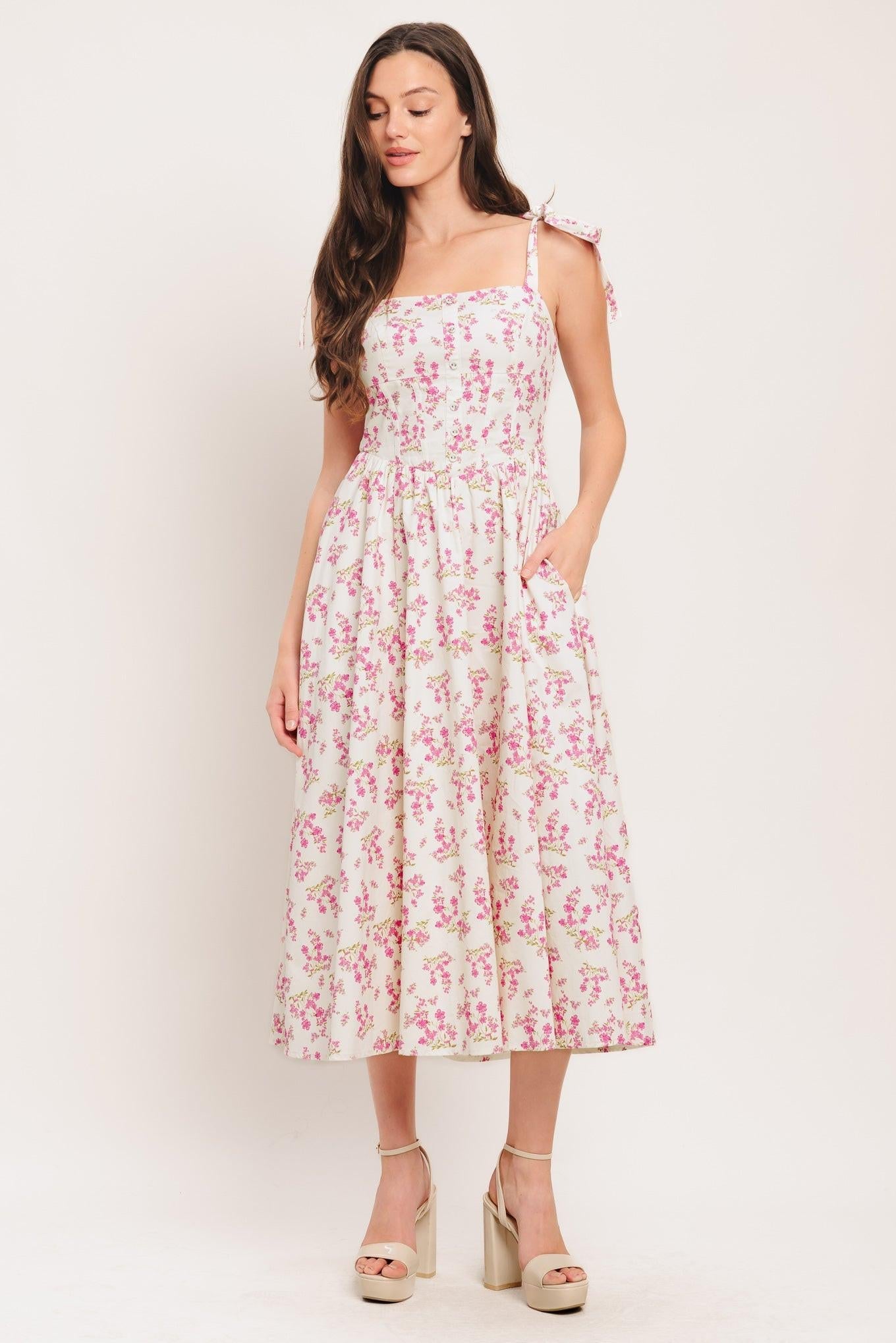 Petals & Promises Woven Midi Dress in ivory pink, view 2 — Soul Flow Apparel