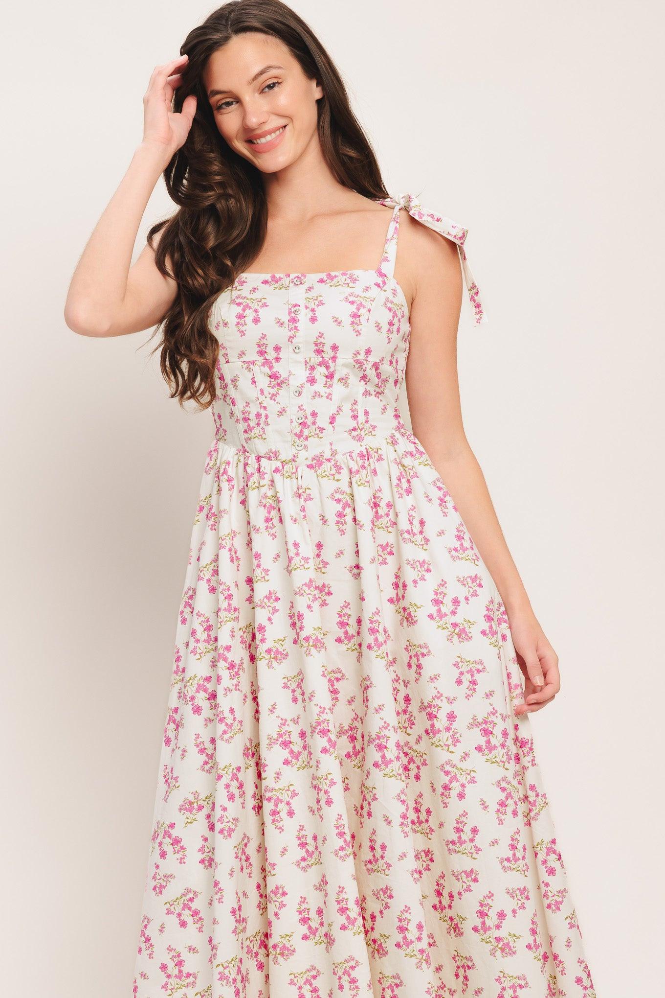 Petals & Promises Woven Midi Dress in ivory pink, view 3 — Soul Flow Apparel