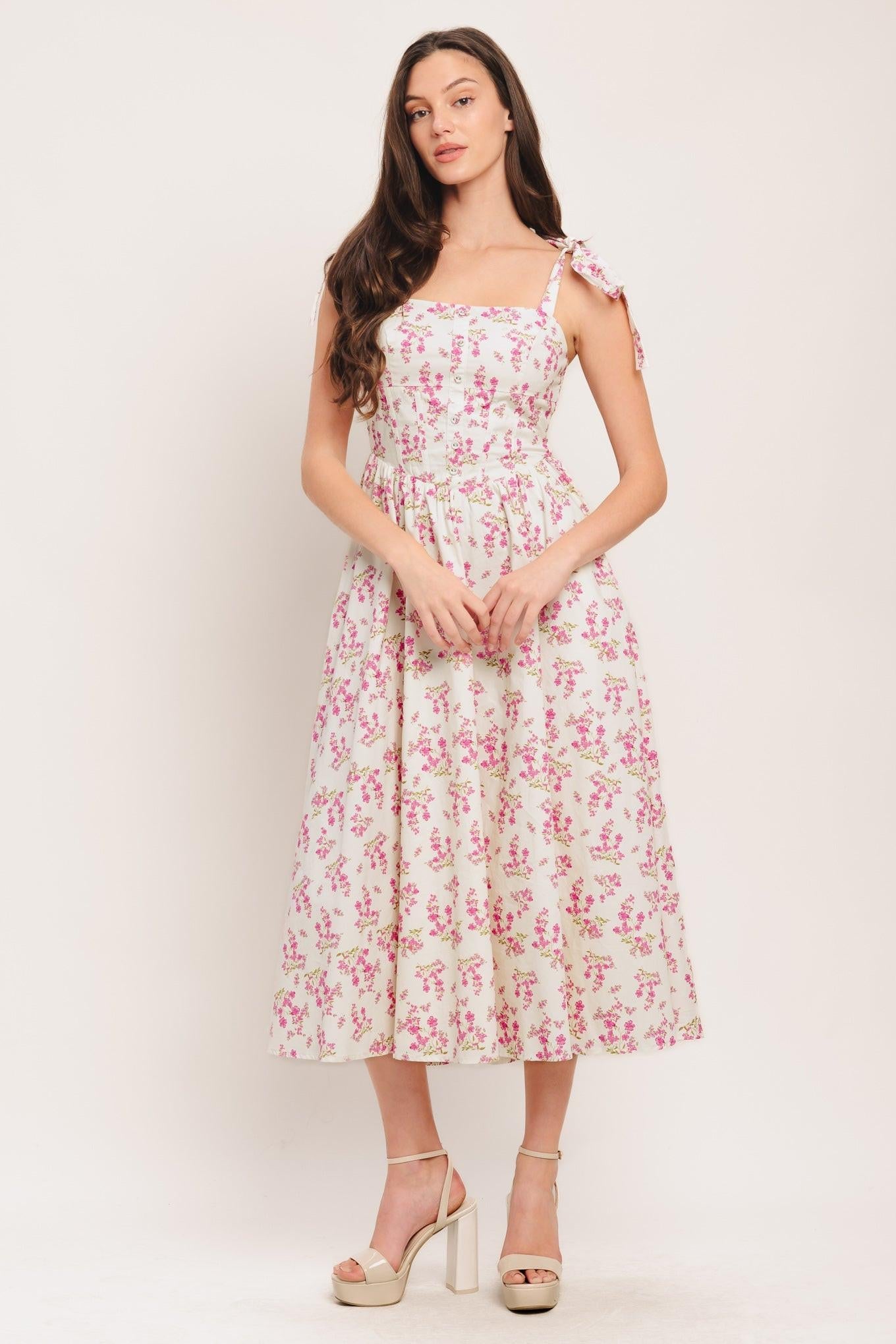 Petals & Promises Woven Midi Dress in ivory pink, view 4 — Soul Flow Apparel