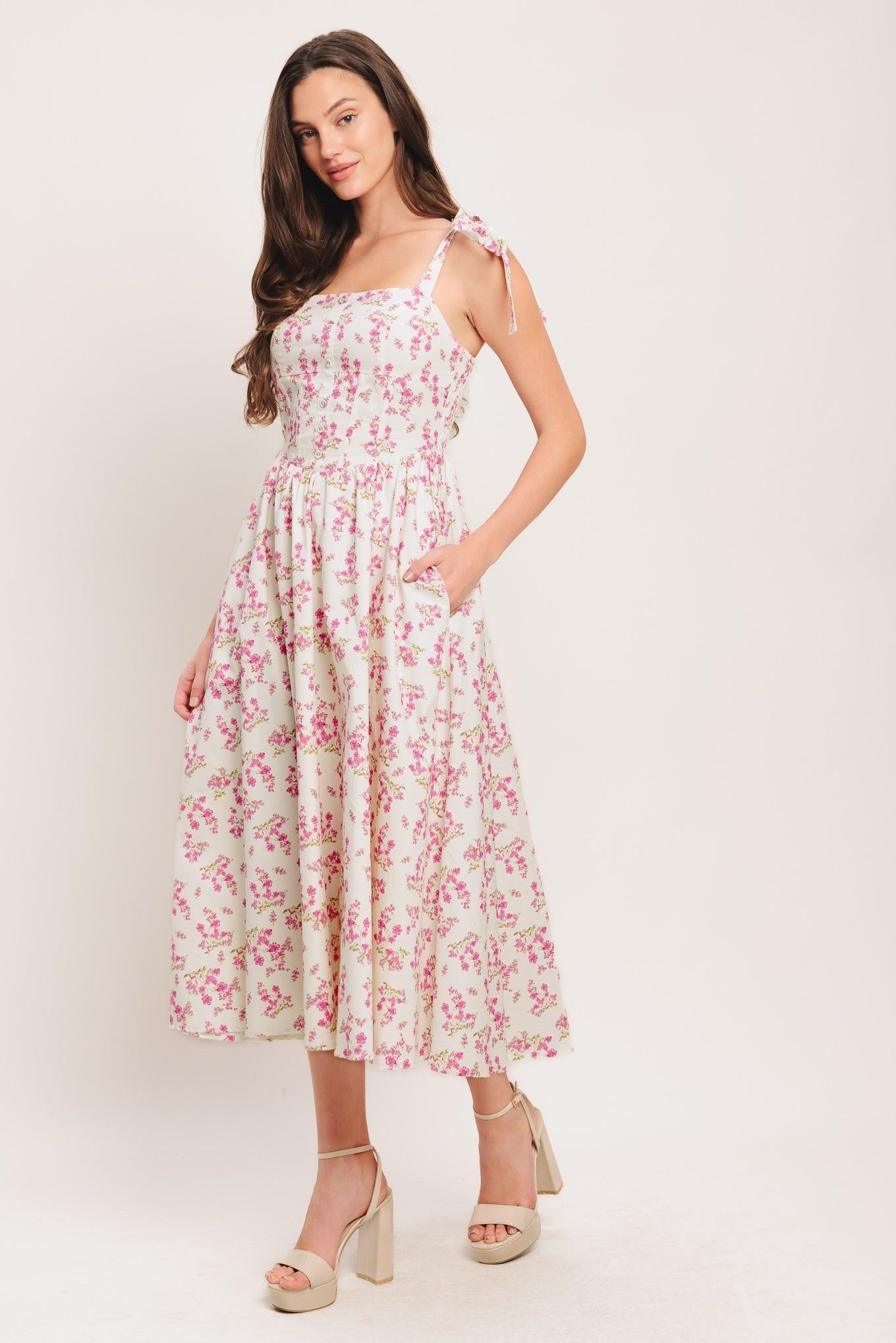 Petals & Promises Woven Midi Dress in ivory pink, view 6 — Soul Flow Apparel
