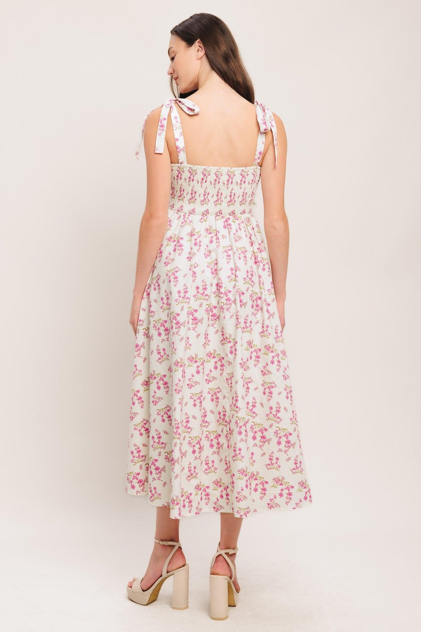 Petals & Promises Woven Midi Dress in ivory pink, view 7 — Soul Flow Apparel
