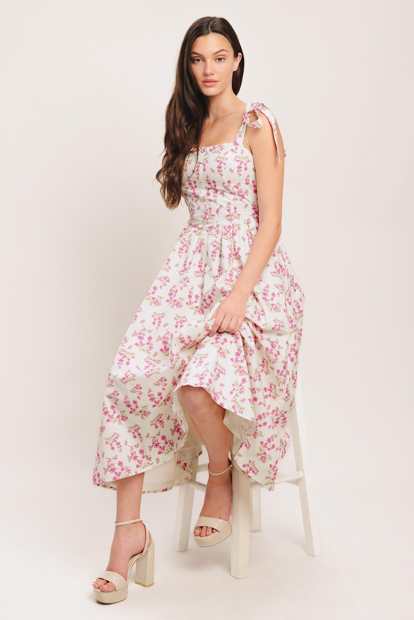 Petals & Promises Woven Midi Dress in ivory pink, view 8 — Soul Flow Apparel