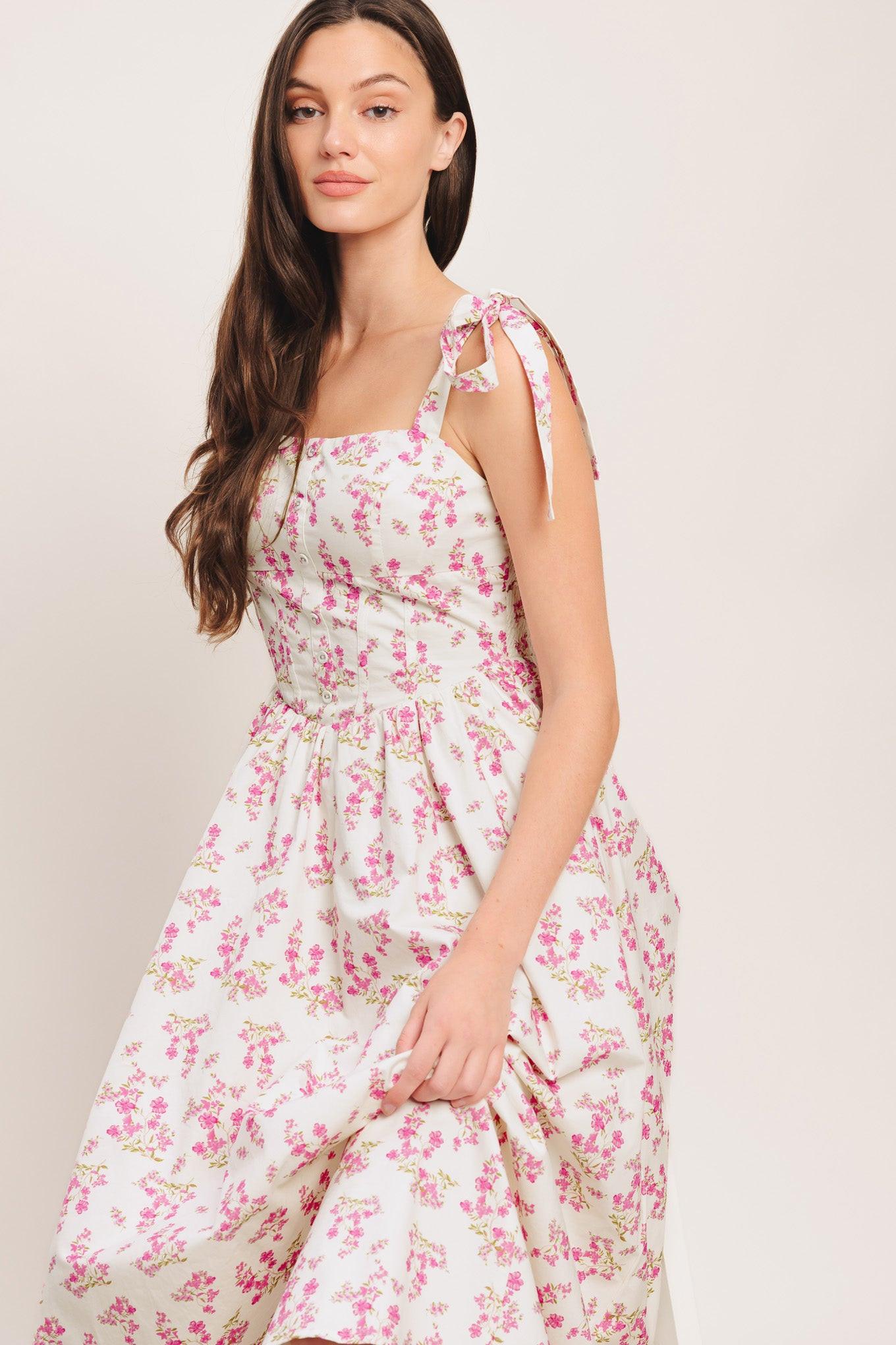Petals & Promises Woven Midi Dress in ivory pink, view 9 — Soul Flow Apparel