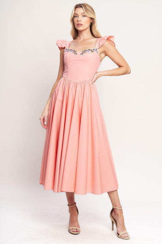 Blushed with Love Woven Midi Dress in dusty pink, view 1 — Soul Flow Apparel