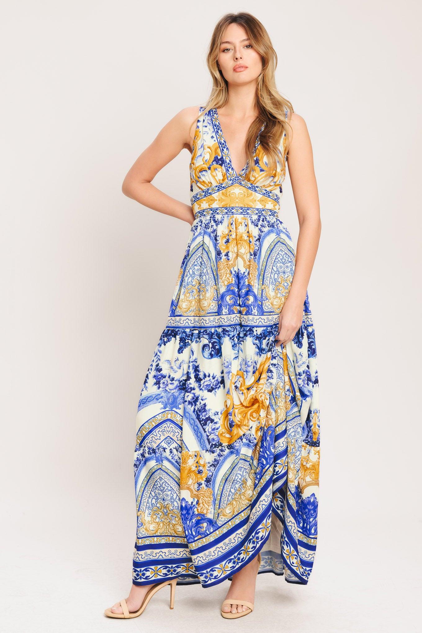 Azure Palazzo Woven Maxi Dress in off-white blue gold, view 1 — Soul Flow Apparel