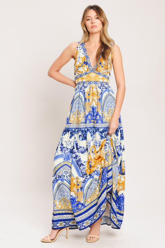 Azure Palazzo Woven Maxi Dress in off-white blue gold, view 1 — Soul Flow Apparel