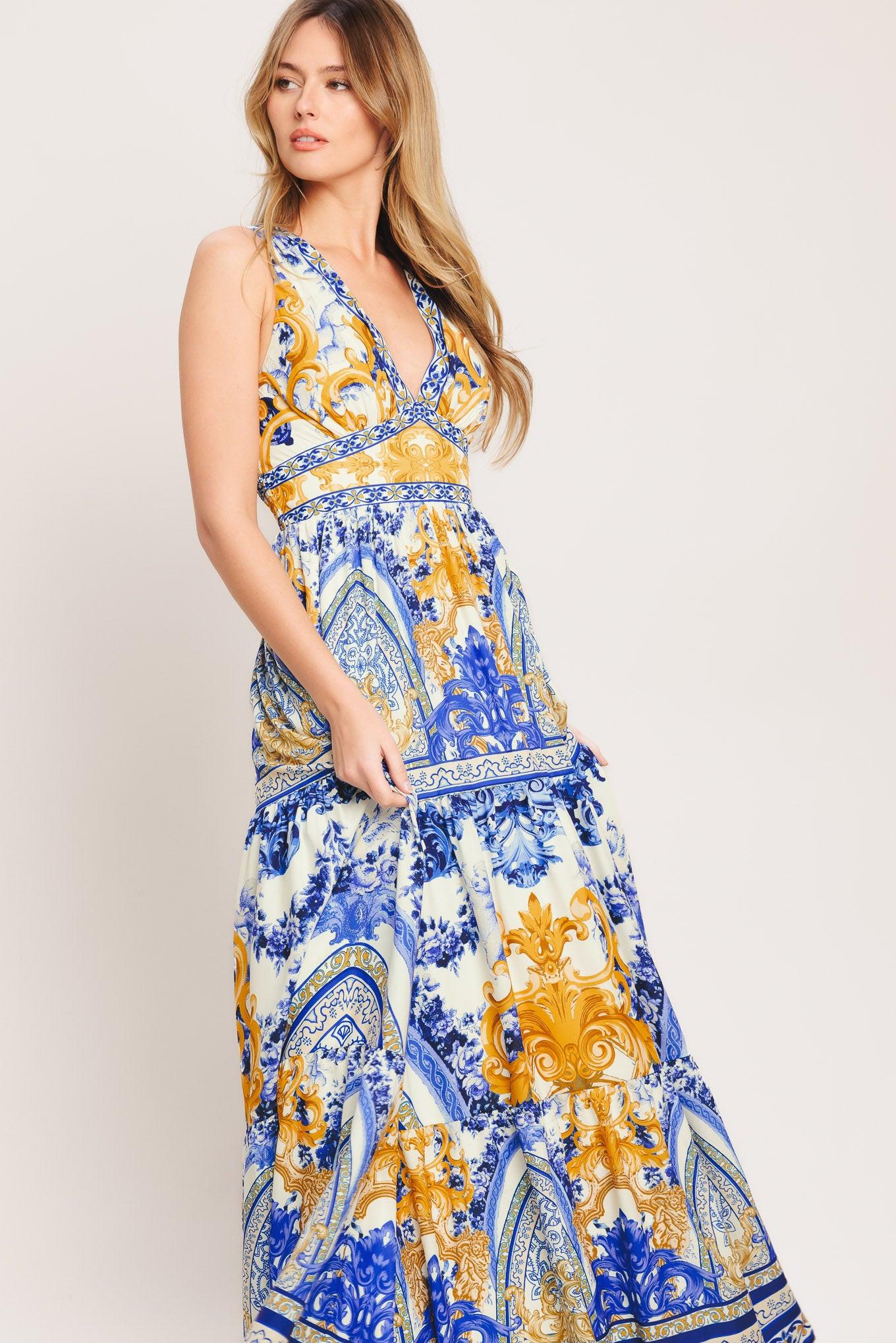 Azure Palazzo Woven Maxi Dress in off-white blue gold, view 2 — Soul Flow Apparel