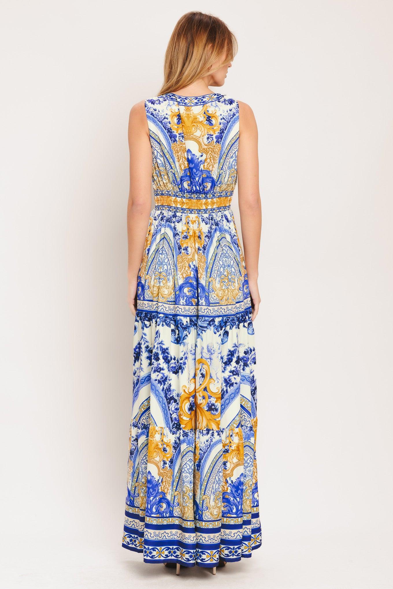 Azure Palazzo Woven Maxi Dress in off-white blue gold, view 4 — Soul Flow Apparel
