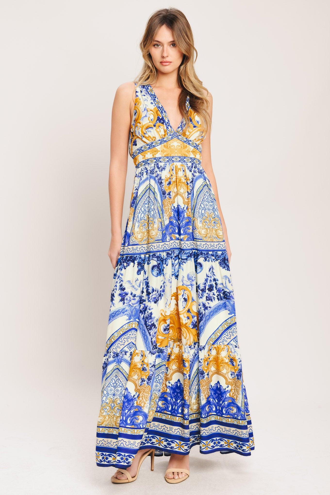 Azure Palazzo Woven Maxi Dress in off-white blue gold, view 5 — Soul Flow Apparel