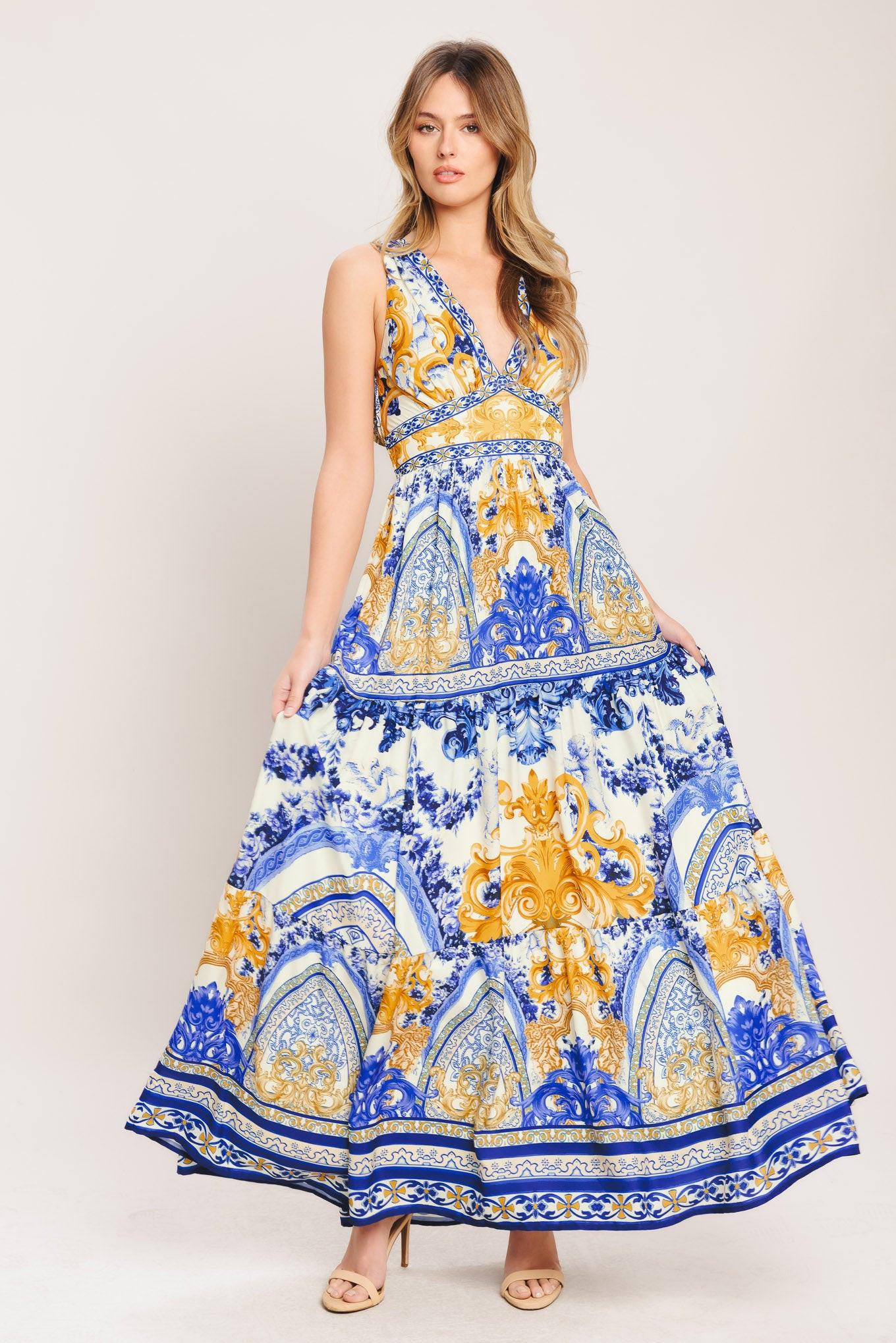 Azure Palazzo Woven Maxi Dress in off-white blue gold, view 6 — Soul Flow Apparel
