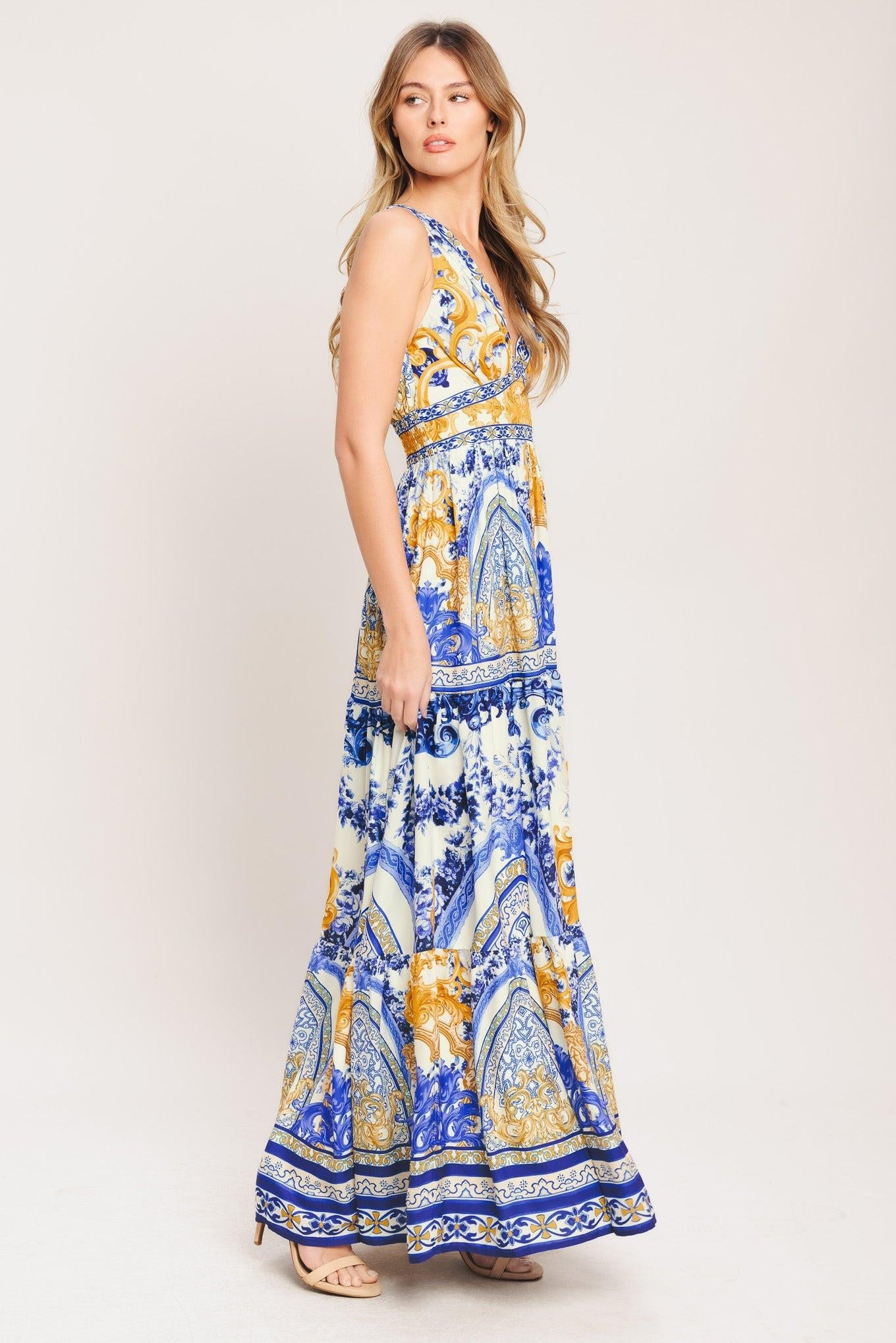 Azure Palazzo Woven Maxi Dress in off-white blue gold, view 7 — Soul Flow Apparel