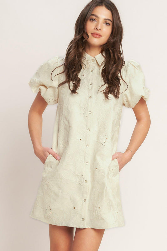 Breathable Weave Woven Mini Dress in cream, view 1 — Soul Flow Apparel