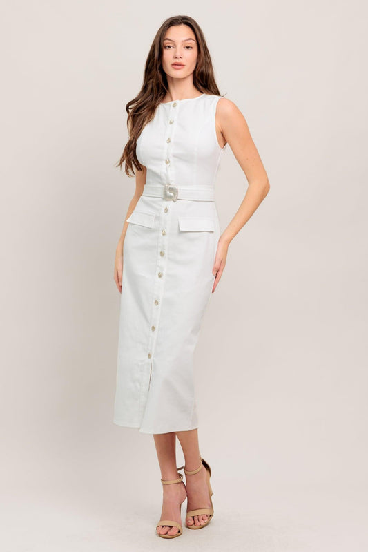 Rouge Romance Twill Midi Dress in white denim, view 1 — Soul Flow Apparel