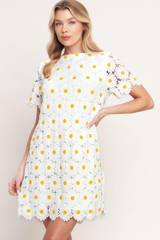 Daisies and Daydreams Woven Lace Mini Dress in white, view 2 — Soul Flow Apparel