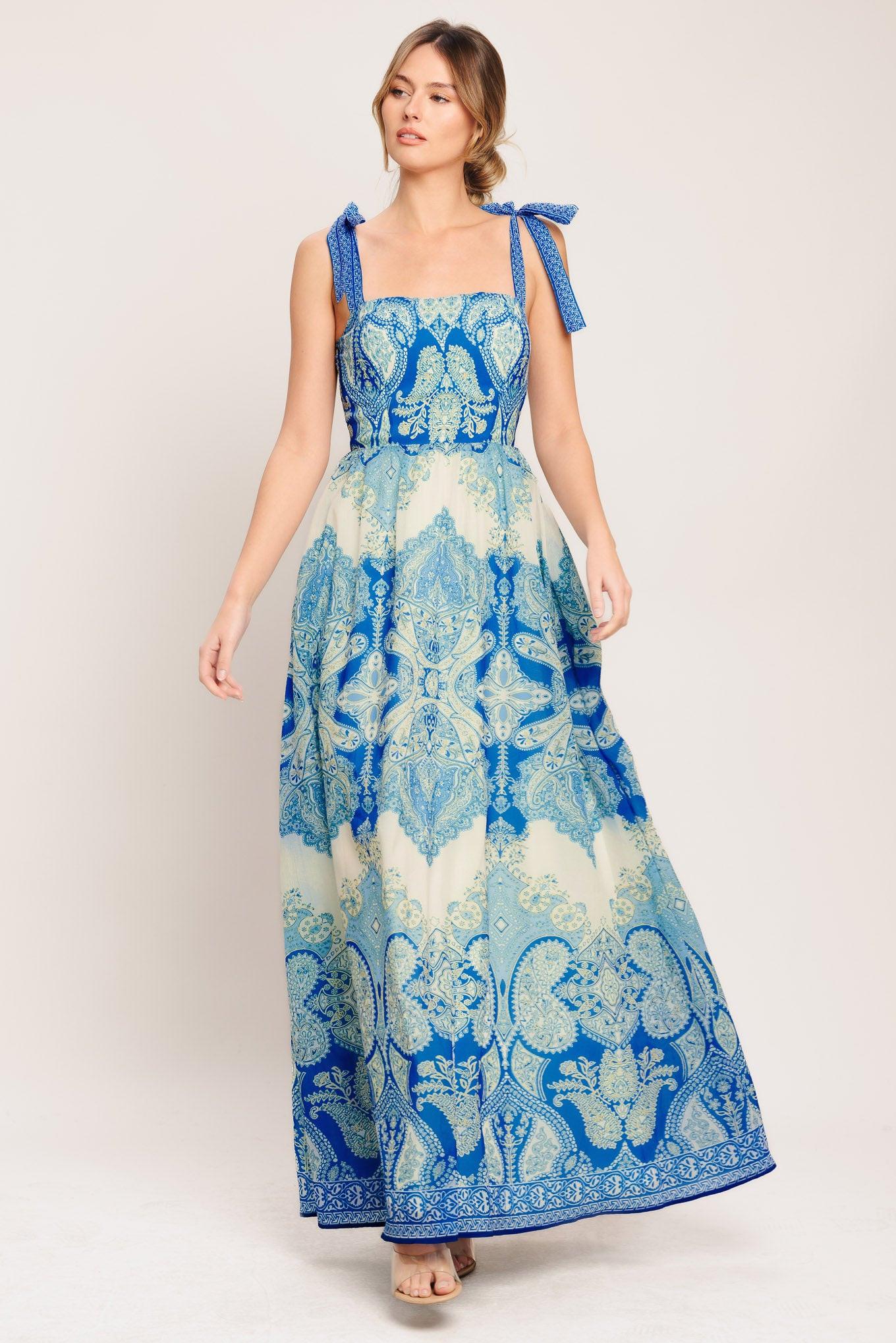Ocean Tapestry Woven Maxi Dress in ivory blue, view 1 — Soul Flow Apparel