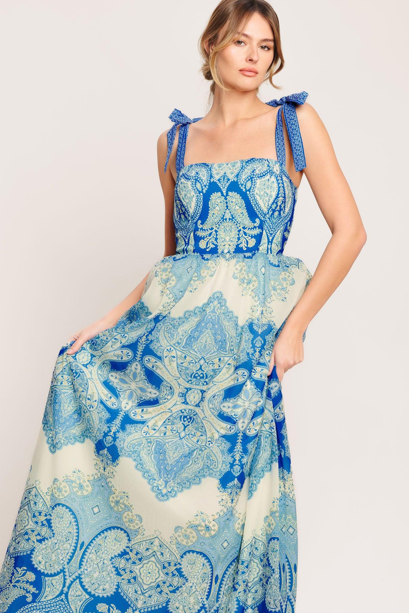 Ocean Tapestry Woven Maxi Dress in ivory blue, view 2 — Soul Flow Apparel