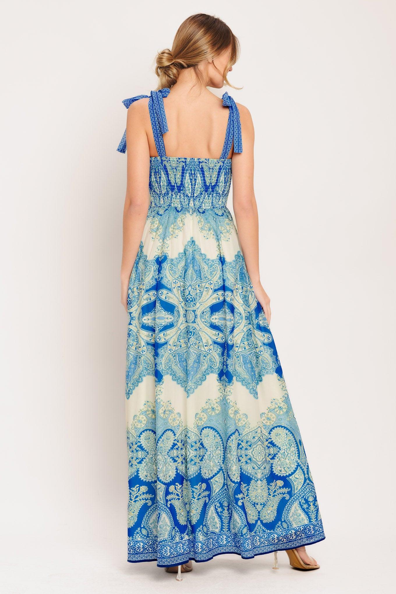 Ocean Tapestry Woven Maxi Dress in ivory blue, view 3 — Soul Flow Apparel