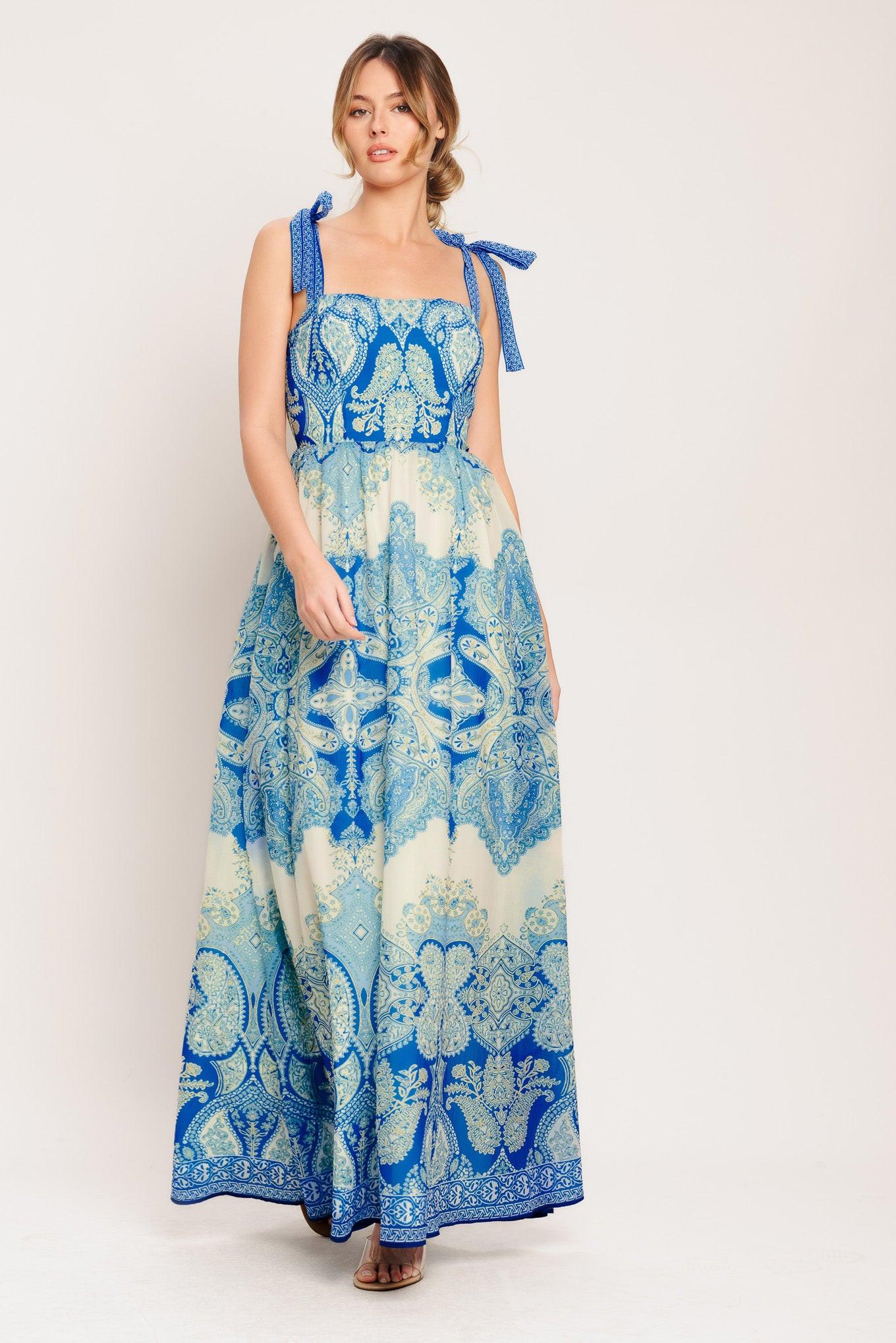 Ocean Tapestry Woven Maxi Dress in ivory blue, view 4 — Soul Flow Apparel