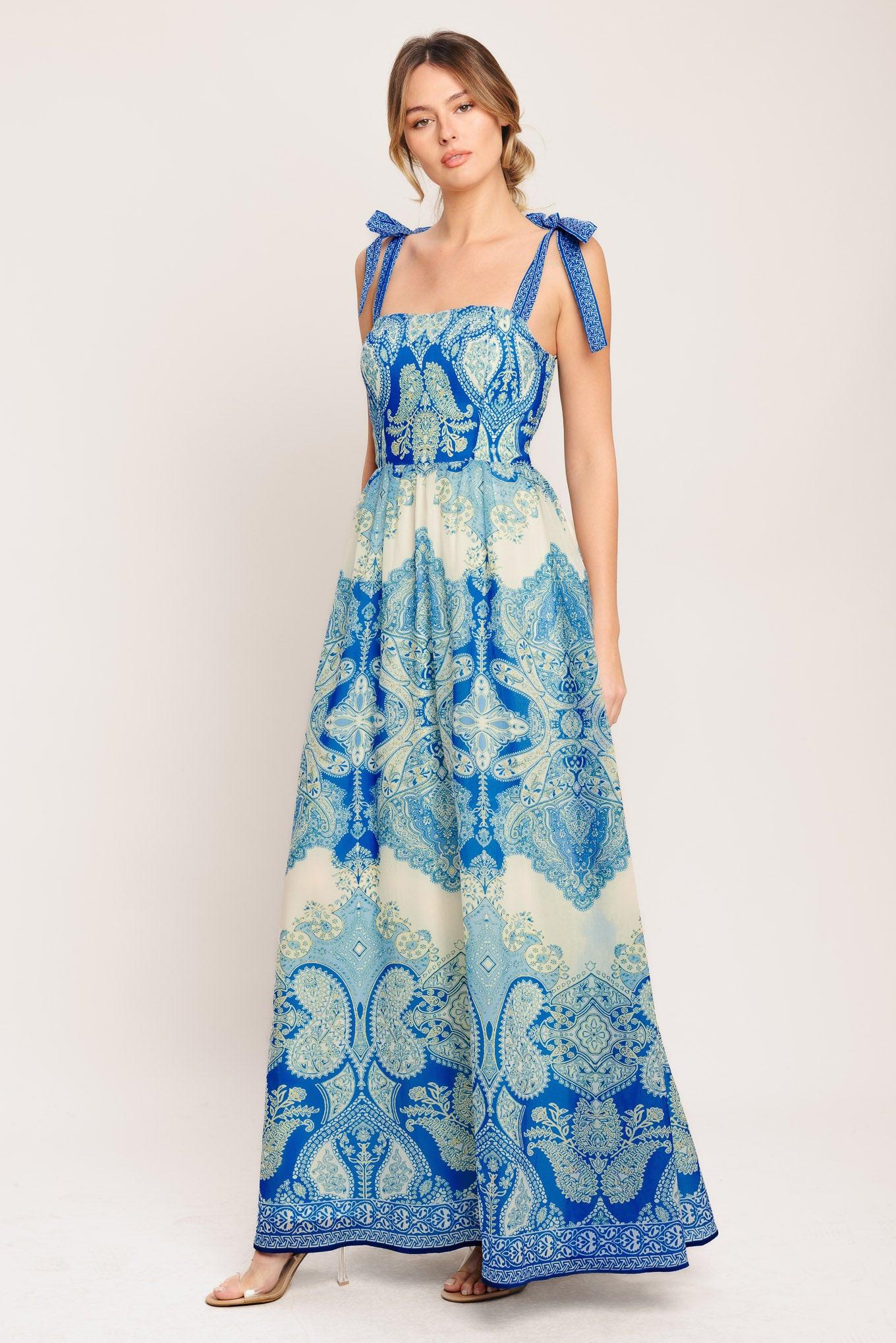 Ocean Tapestry Woven Maxi Dress in ivory blue, view 5 — Soul Flow Apparel