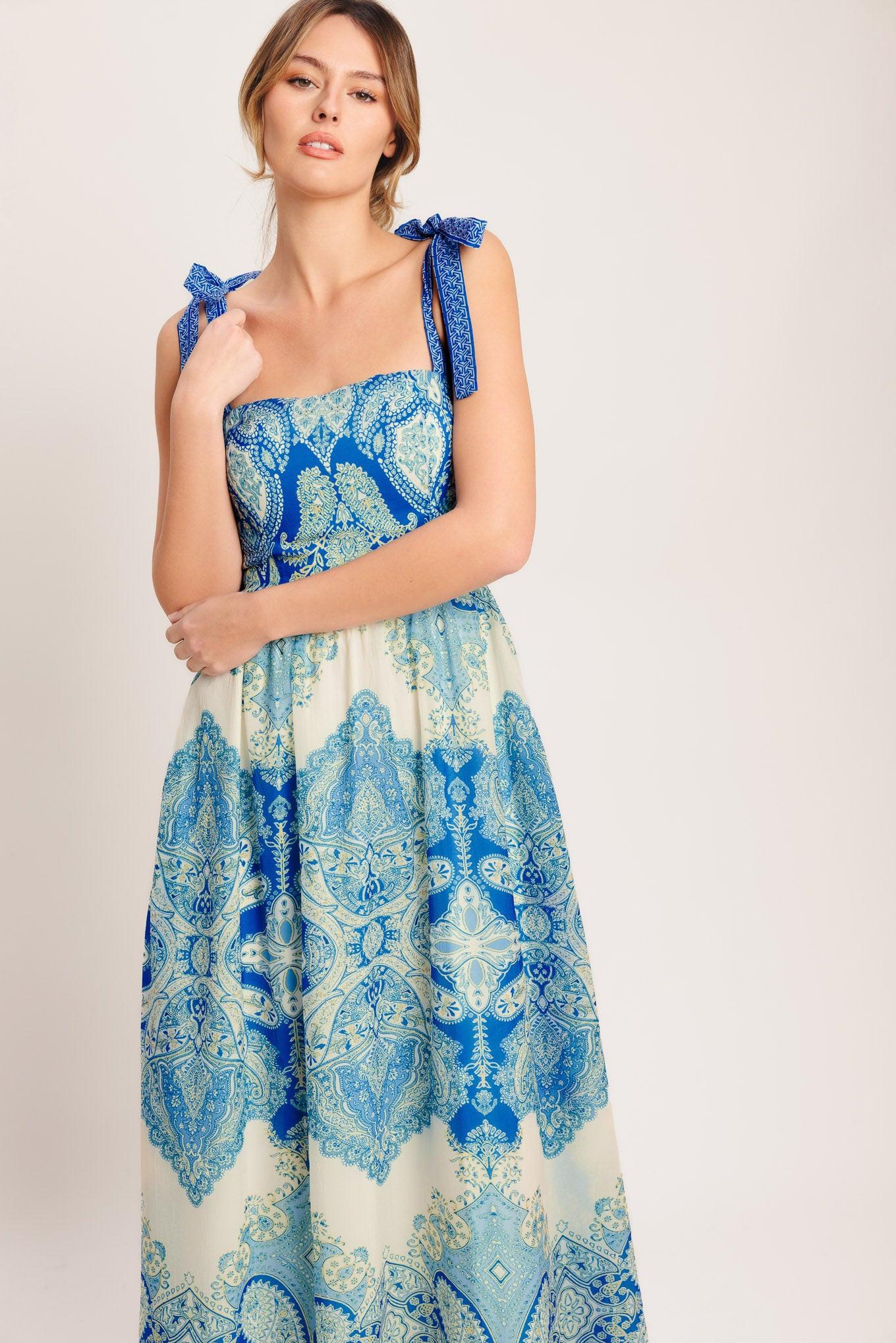 Ocean Tapestry Woven Maxi Dress in ivory blue, view 6 — Soul Flow Apparel