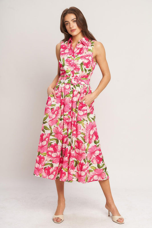 Pink Paradise Woven Midi Dress in ivory pink, view 3 — Soul Flow Apparel
