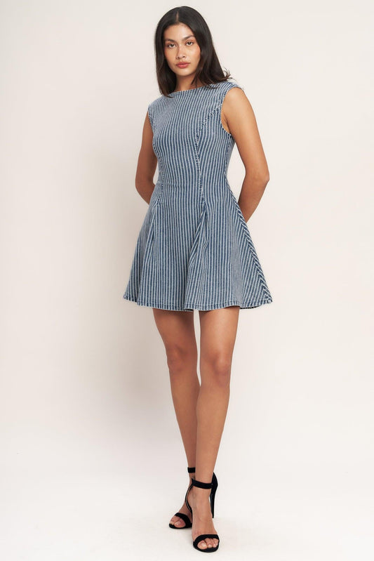 Perfectly Planned Striped Denim Mini Dress in blue white, view 2 — Soul Flow Apparel