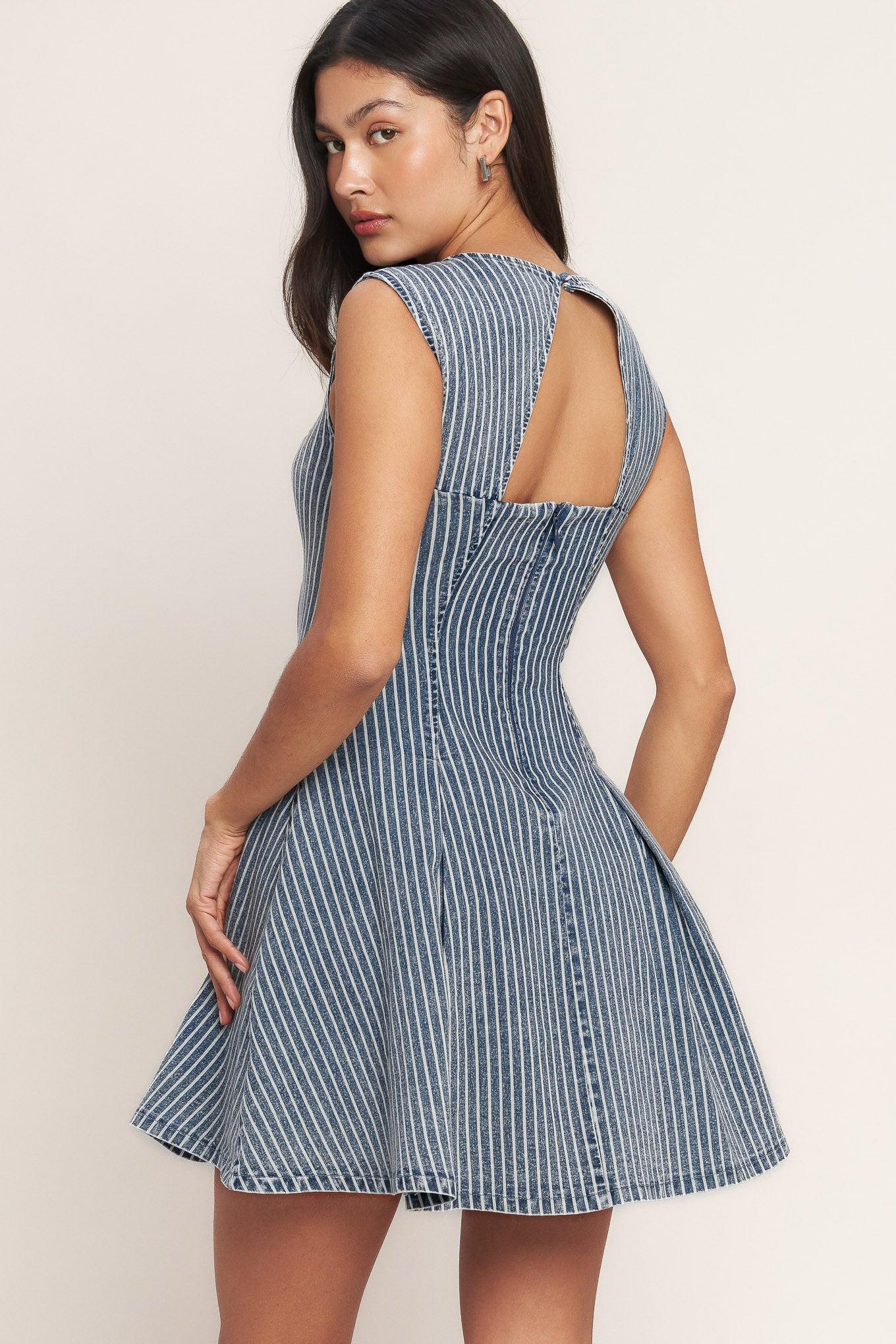 Perfectly Planned Striped Denim Mini Dress in blue white, view 3 — Soul Flow Apparel