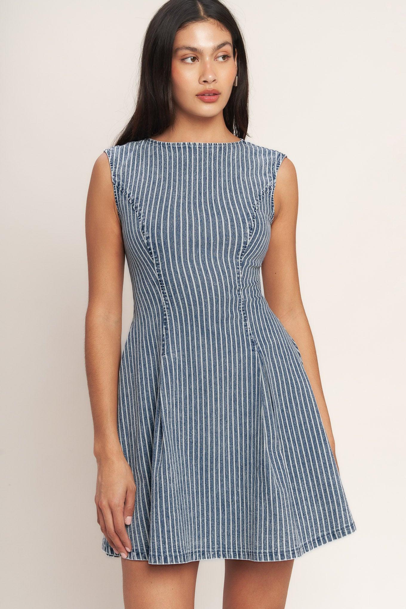 Perfectly Planned Striped Denim Mini Dress in blue white, view 5 — Soul Flow Apparel