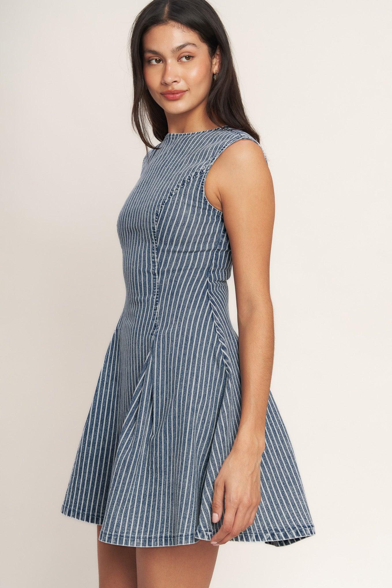 Perfectly Planned Striped Denim Mini Dress in blue white, view 7 — Soul Flow Apparel
