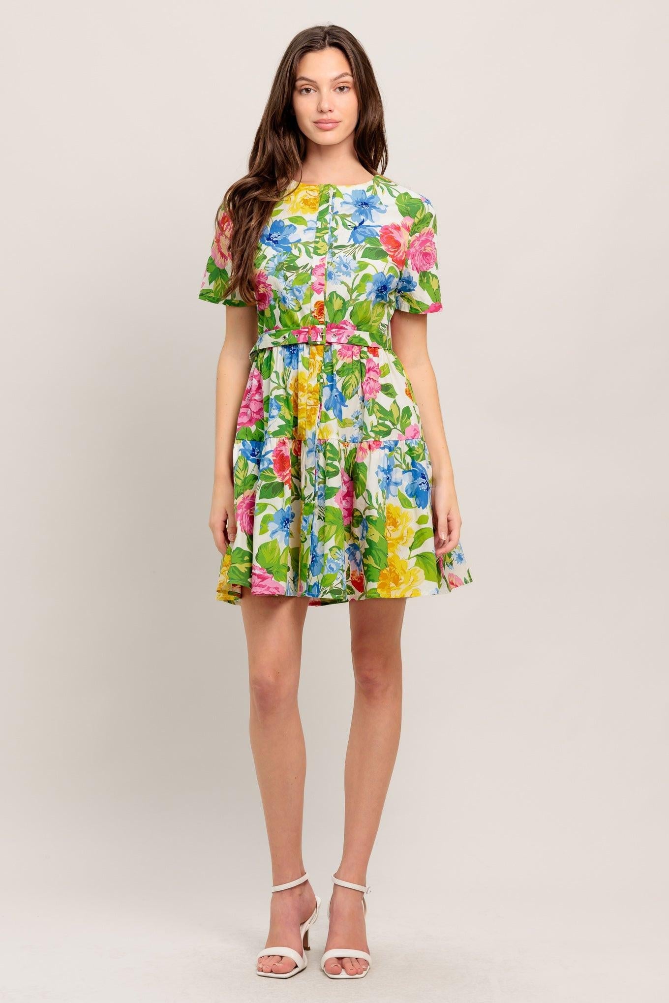 Sunshine in Full Bloom Woven Mini Dress in multi floral, view 1 — Soul Flow Apparel